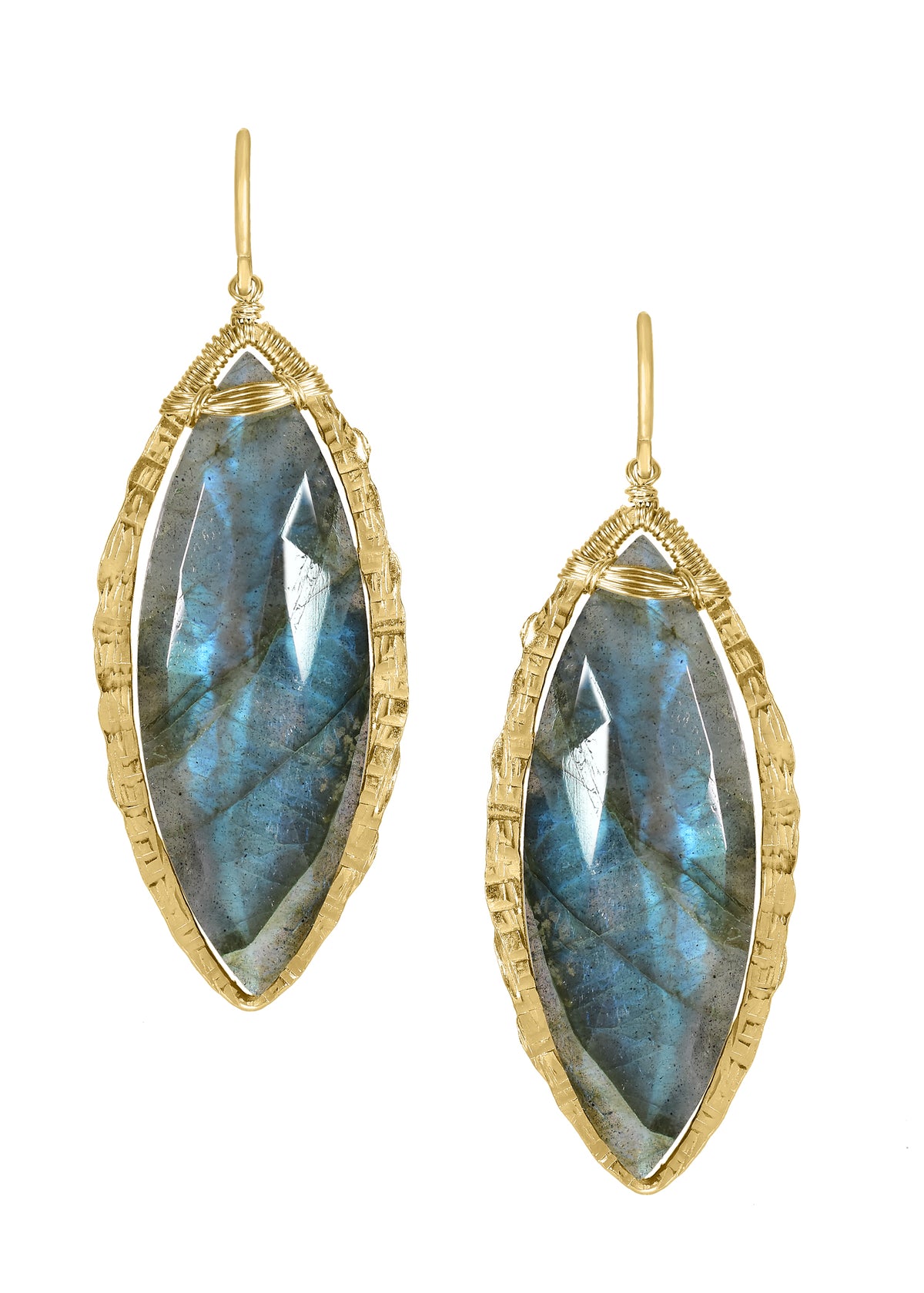 Labradorite 14k gold fill Earring measures 2&quot; in length (including the ear wires) and 5/8&quot; in width at the widest point Handmade in our Los Angeles studio