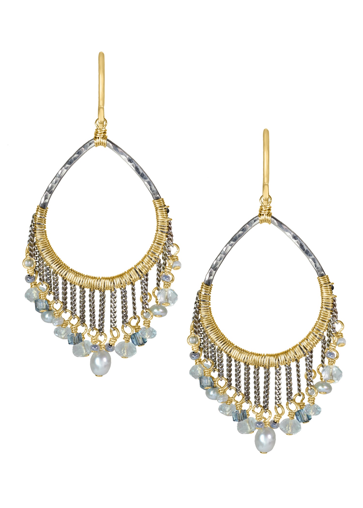 Freshwater pearl Aquamarine Seed beads 14k gold fill Sterling silver Mixed metal Earrings measure 2" in length (including the ear wires) and 1-1/8" in width at the widest point Handmade in our Los Angeles studio