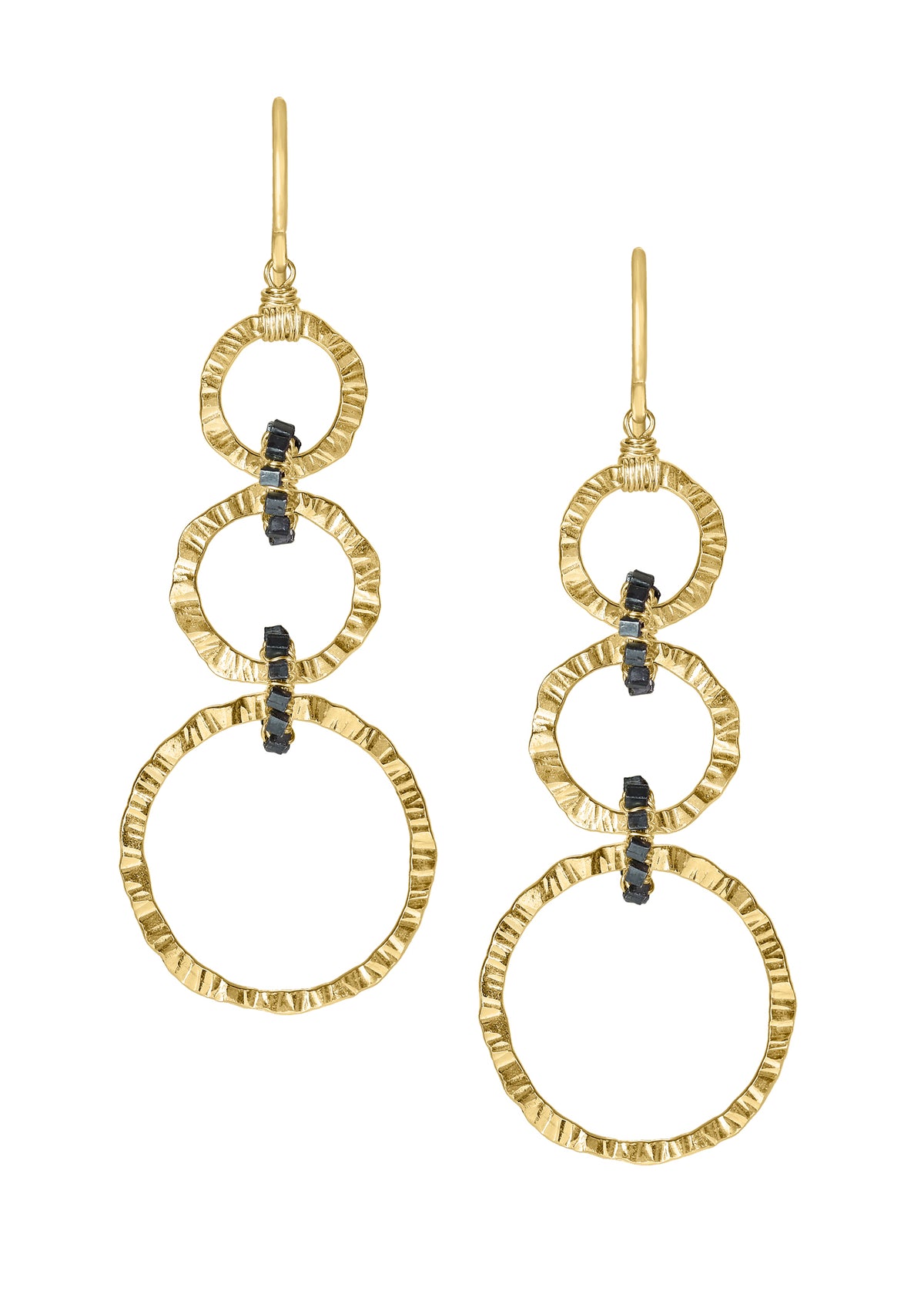 14k gold fill Blackened sterling silver Mixed metal Earrings measure 2&quot; in length (including the ear wires) Top drop diameter is 3/8&quot;, middle drop diameter is 7/16&quot; in diameter, bottom drop is 3/4&quot; in diameter Handmade in our Los Angeles studio