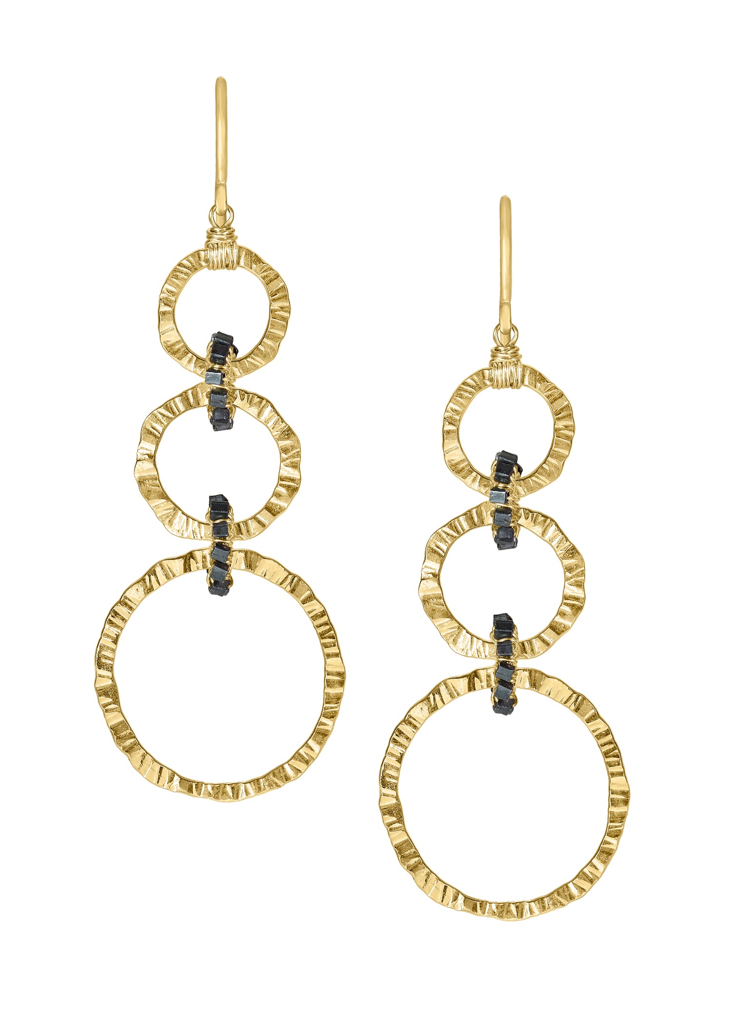 14k gold fill Blackened sterling silver Mixed metal Earrings measure 2" in length (including the ear wires) Top drop diameter is 3/8", middle drop diameter is 7/16" in diameter, bottom drop is 3/4" in diameter Handmade in our Los Angeles studio