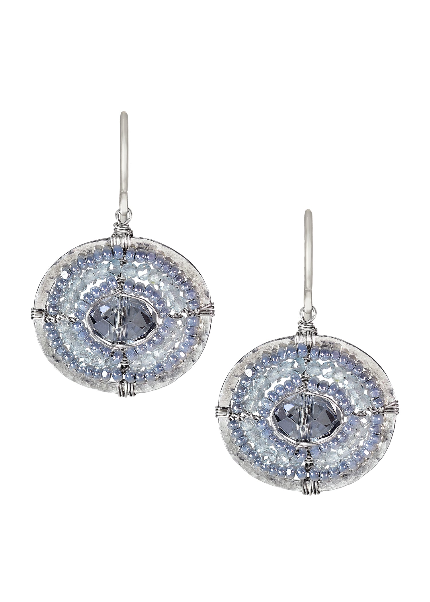 Crystal Seed beads Sterling silver Earrings measure 1-1/8" in length (including the ear wires) and 3/4" in width at the widest point Handmade in our Los Angeles studio