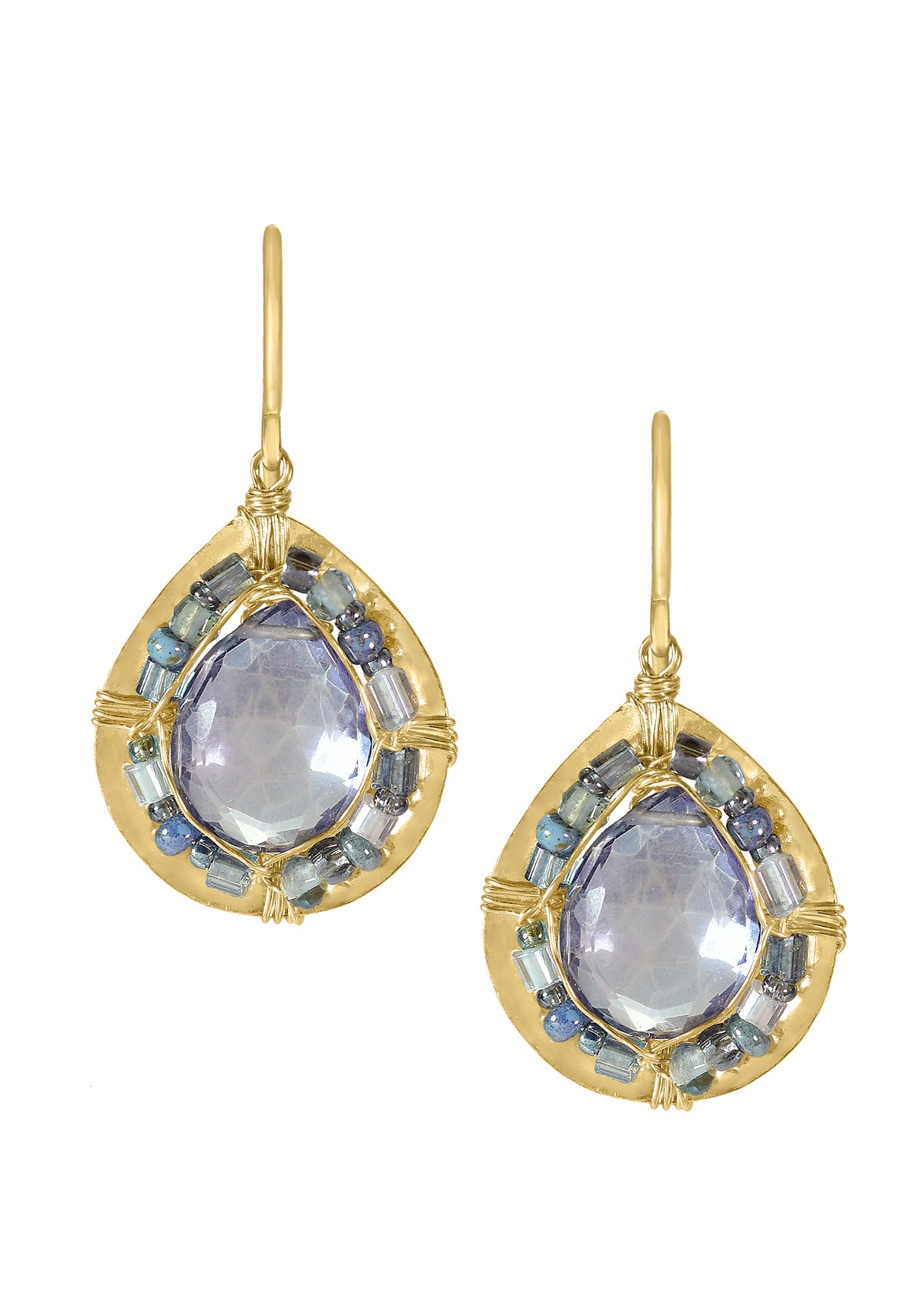 Blue quartz Seed beads 14k gold fill Earrings measure 1-3/16&quot; in length (including the ear wires) and 11/16&quot; in width at the widest point Handmade in our Los Angeles studio