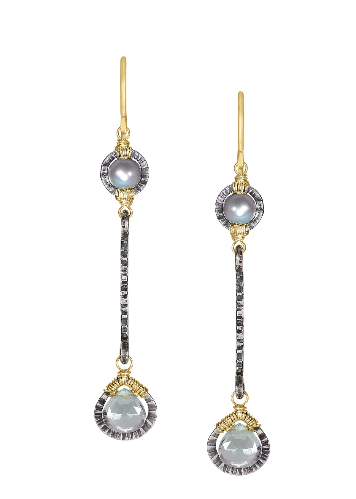 Labradorite Freshwater pearls Sterling silver 14k gold fill Mixed metal Earrings measure 2&quot; in length (including the ear wires) and 1/4&quot; in width at the widest point (bottom drop) Handmade in our Los Angeles studio
