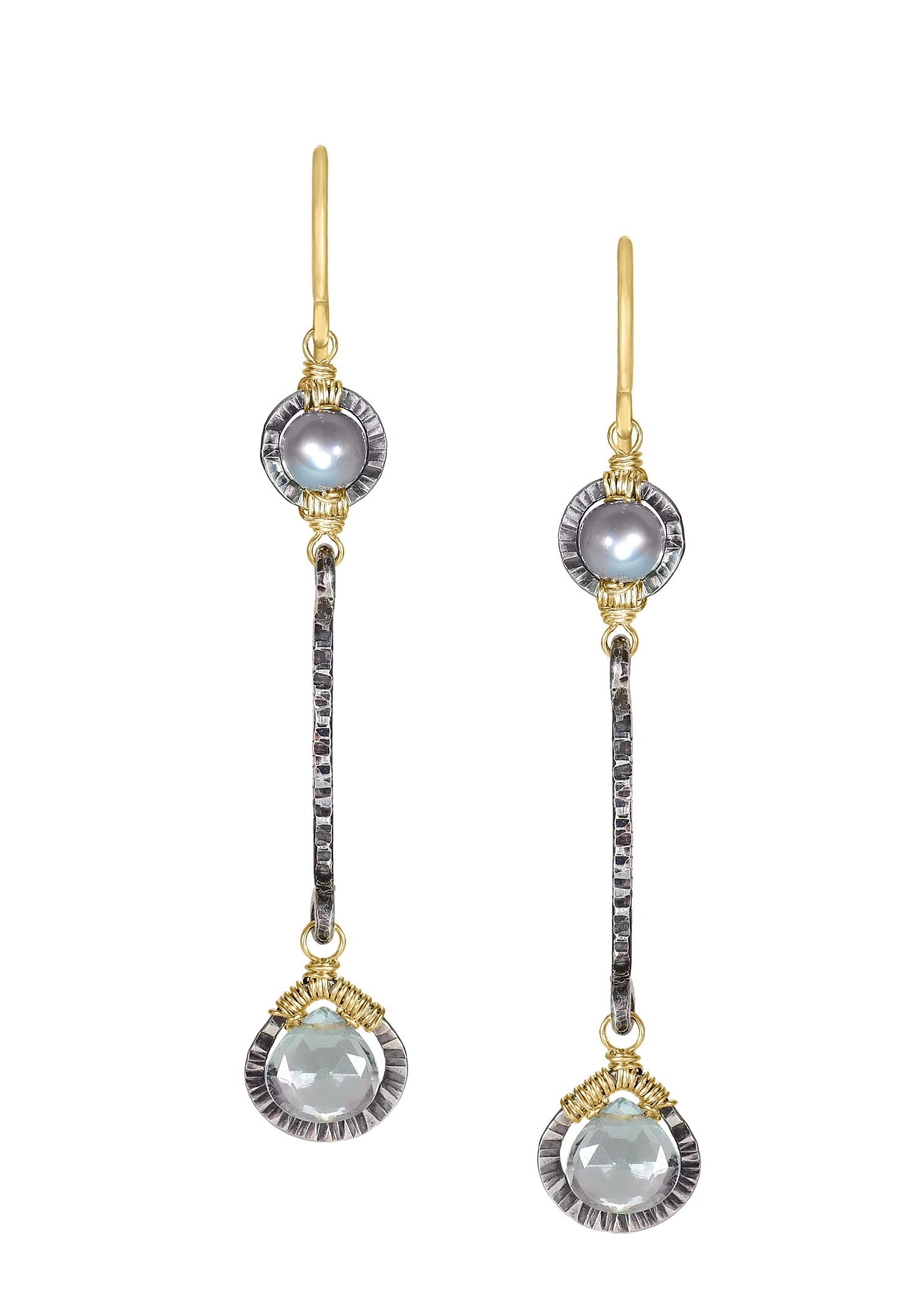 Labradorite Freshwater pearls Sterling silver 14k gold fill Mixed metal Earrings measure 2" in length (including the ear wires) and 1/4" in width at the widest point (bottom drop) Handmade in our Los Angeles studio