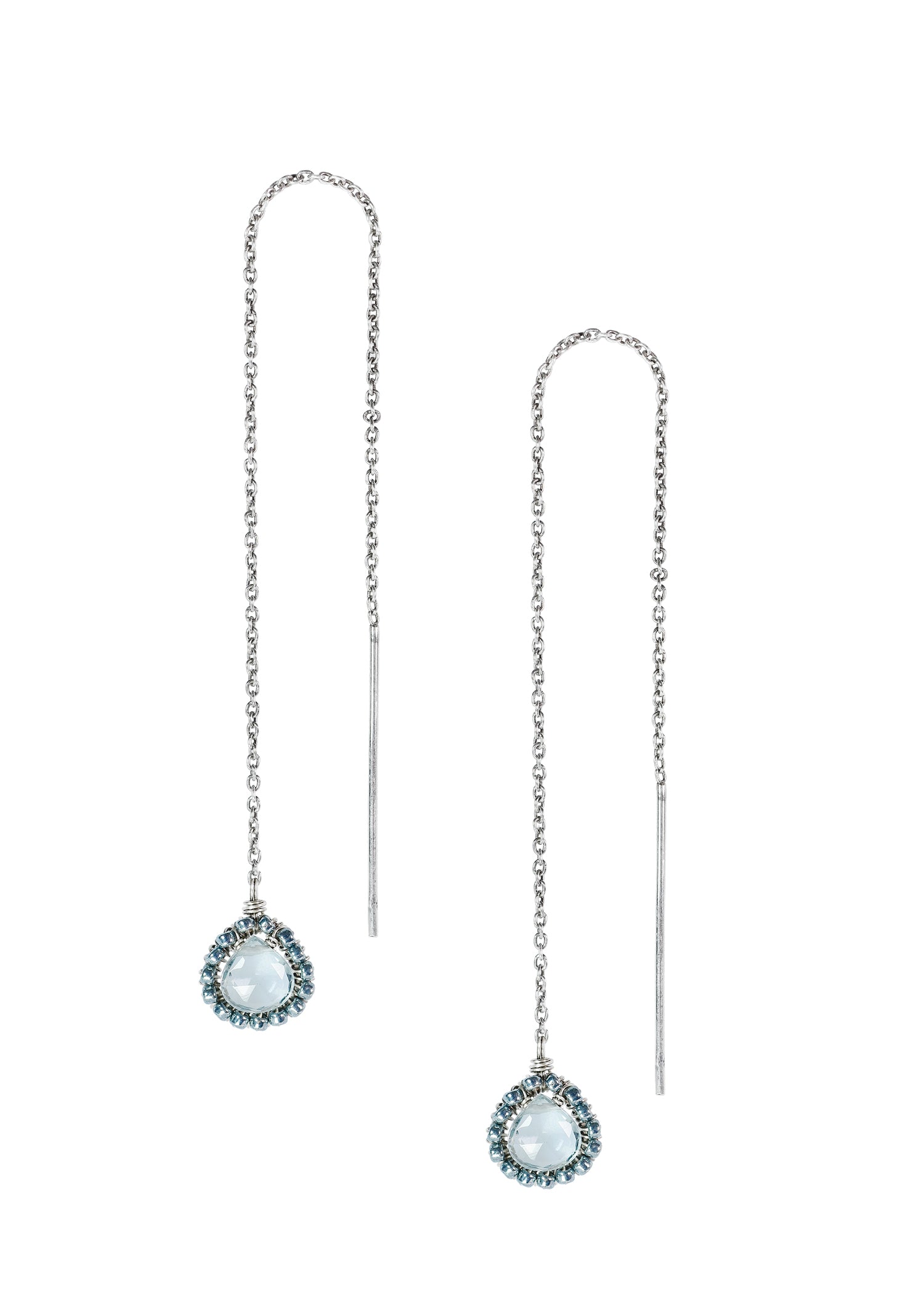 Aqua quartz Seed beads Sterling silver Earrings measure 5-1/4" in length and 3/8" in width across the widest point of the drop Handmade in our Los Angeles studio