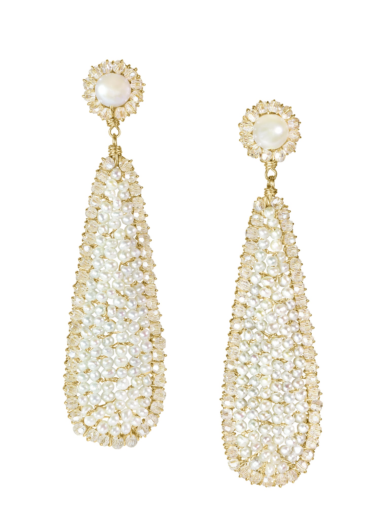 Crystal Freshwater pearl 14k gold fill Earrings measure 2" in length (including the posts) and 1/2" in width at the widest point. Post measures 3/8" in diameter Handmade in our Los Angeles studio