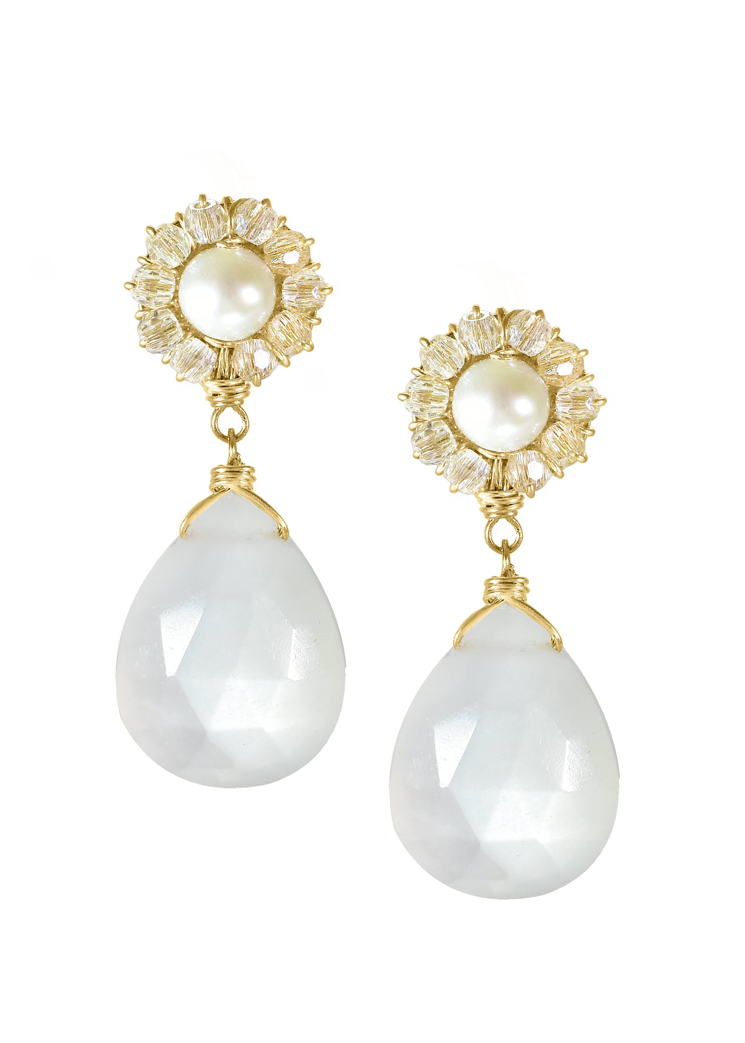 Freshwater pearl Crystal White moonstone 14k gold fill Earrings measure 1" in length (including the posts) and 3/8" in width at the widest point. Posts measure 1/4" in diameter Handmade in our Los Angeles studio