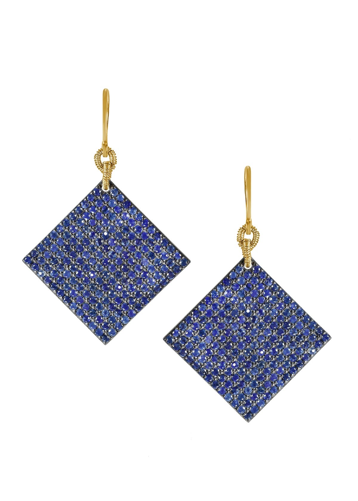 Blue sapphire earrings in 14k gold and sterling silver, featuring square, hand wire-wrapped designs.