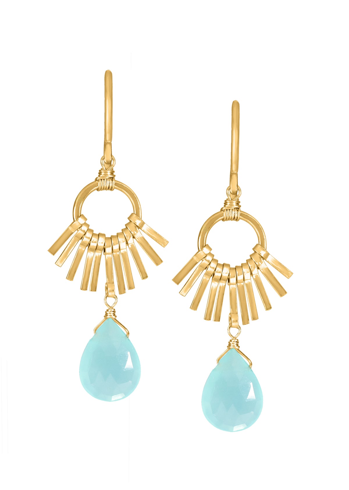 Fan earrings with blue chalcedony drops and hand wire-wrapped 14k gold fill fringe accents on earwires.