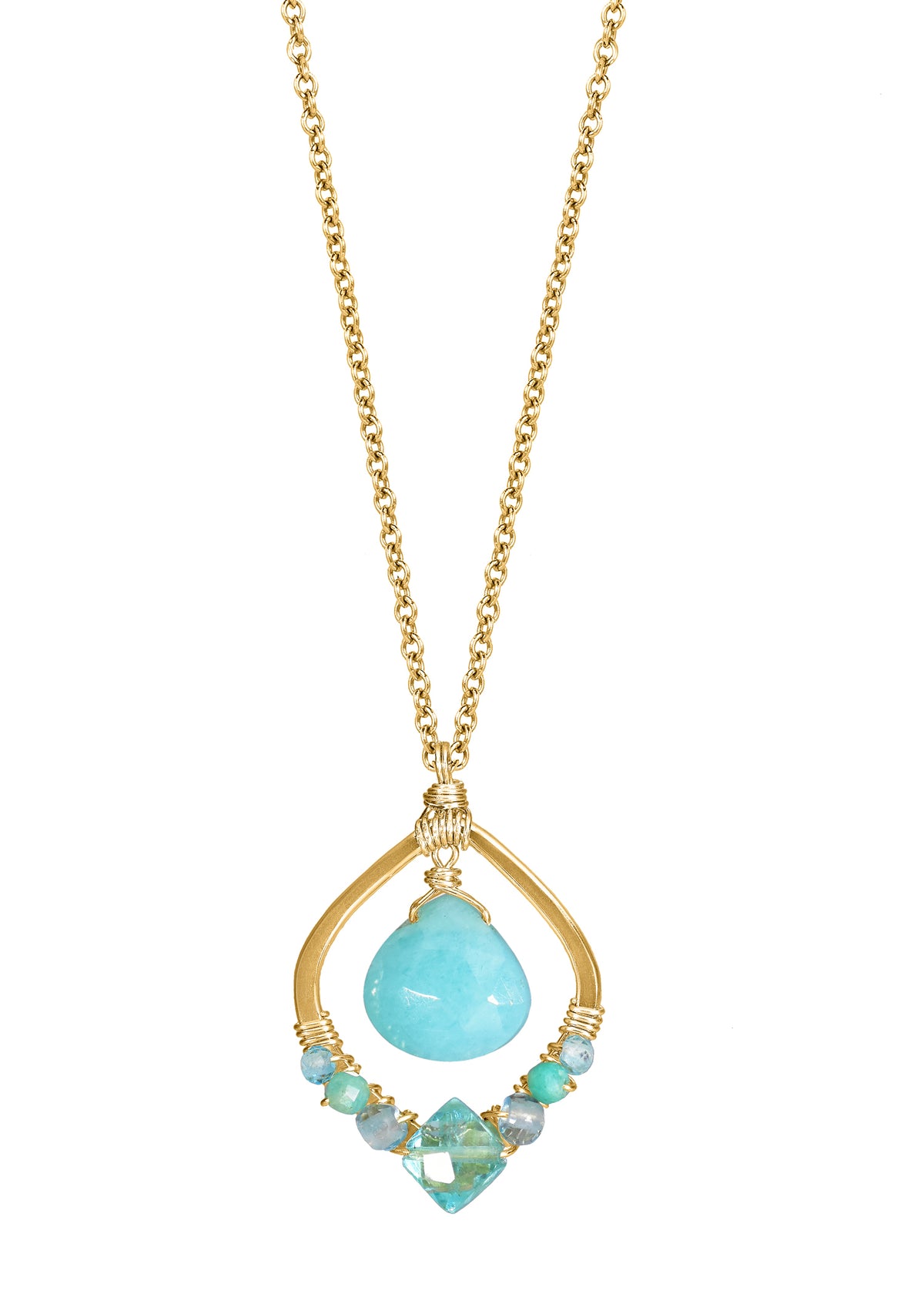 Fiji necklace with apatite, blue zircon, and amazonite on a 14k gold fill chain with hand wire-wrapped teardrop pendant.
