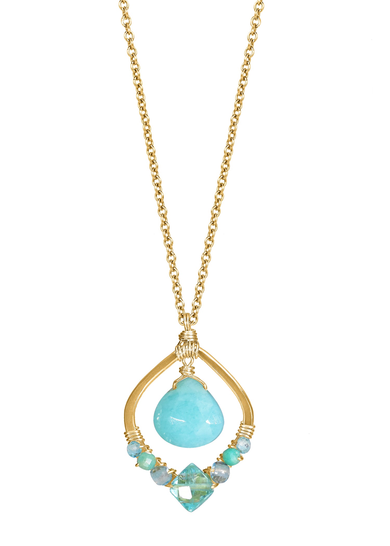 Fiji necklace with apatite, blue zircon, and amazonite on a 14k gold fill chain with hand wire-wrapped teardrop pendant.