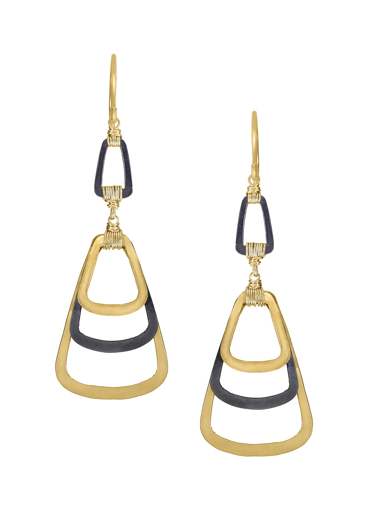 Flair earrings in 14k gold fill and blackened sterling silver with hand wire-wrapped, two-tone bell-shaped links.