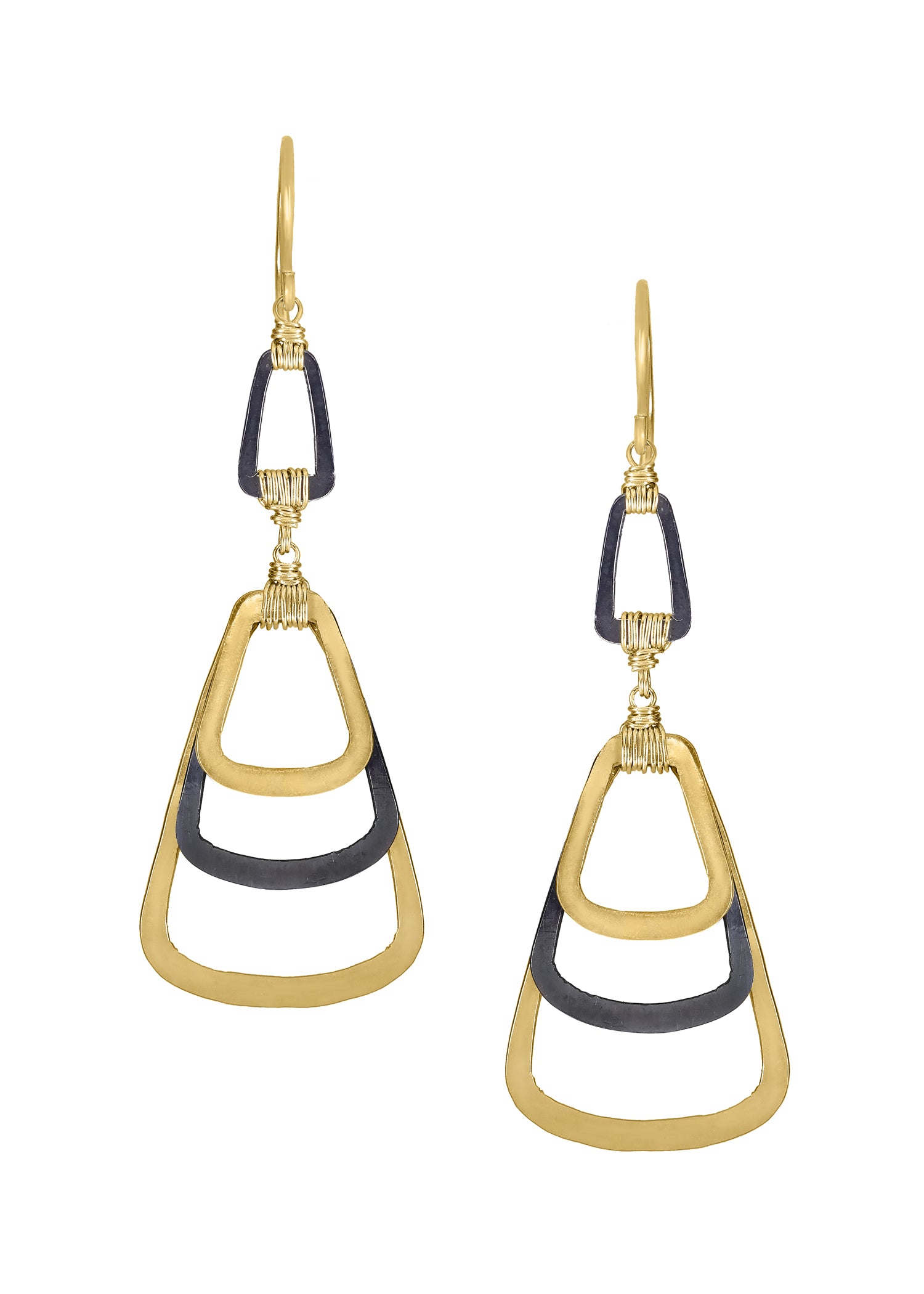 Flair earrings in 14k gold fill and blackened sterling silver with hand wire-wrapped, two-tone bell-shaped links.