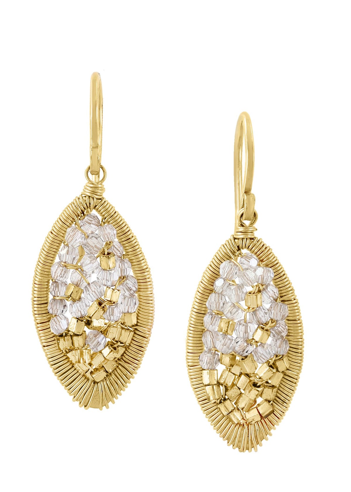 Crystal earrings in 14k gold fill with an ombré mosaic, marquis-shaped design and hand wire-wrapped detail.