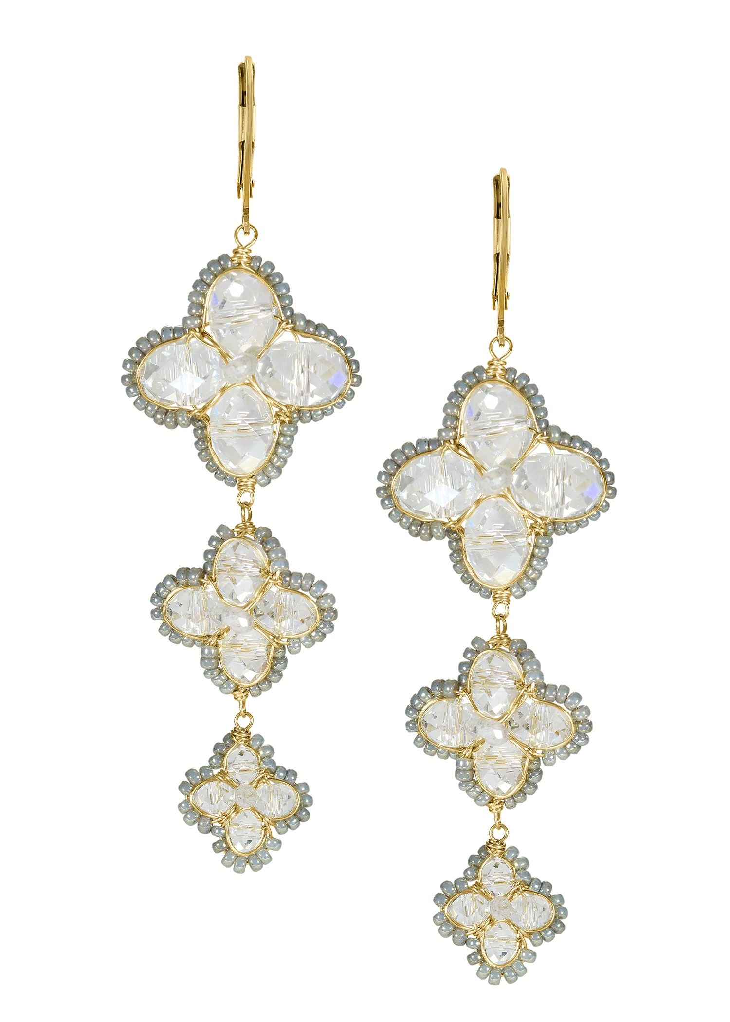 Fleur earrings with crystal and moonstone, 14k gold fill, pearlescent seed beads, and hand wire-wrapped floral shapes.