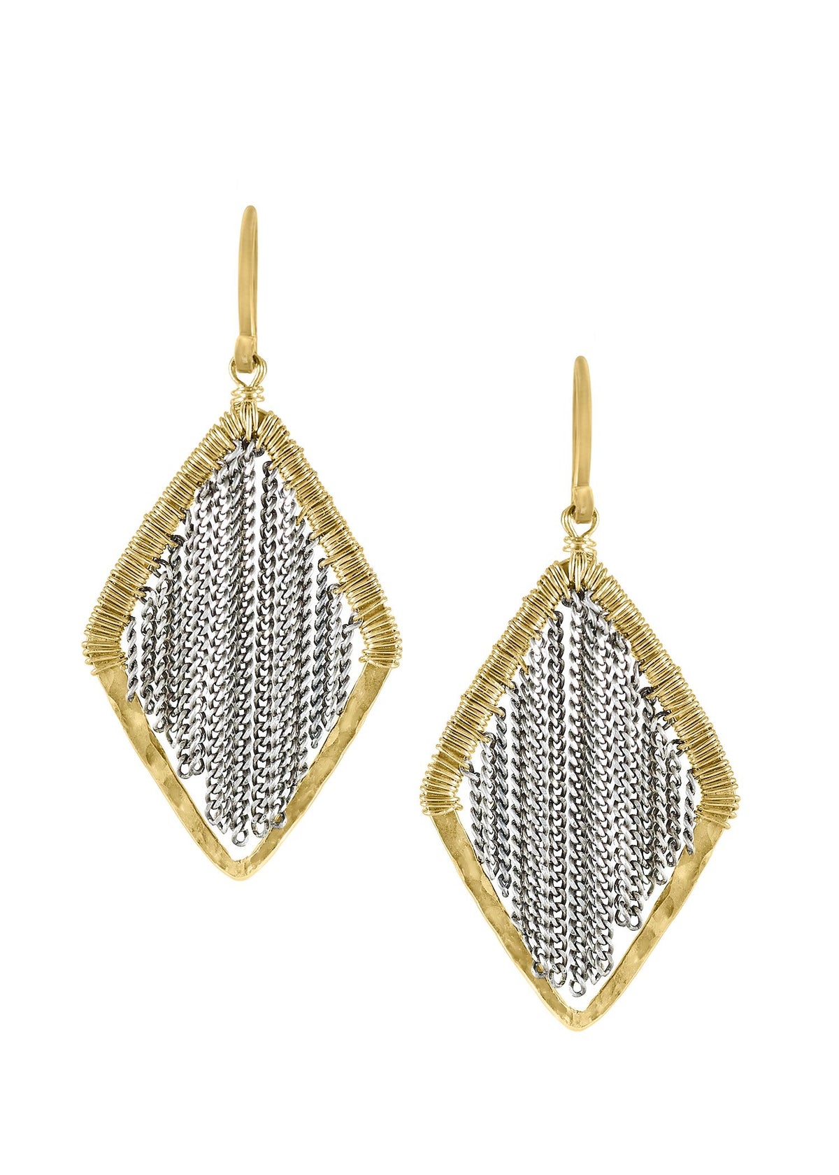 Flutter earrings in 14k gold fill and sterling silver with hand wire-wrapped diamond-shaped frames and fringe chain detail.