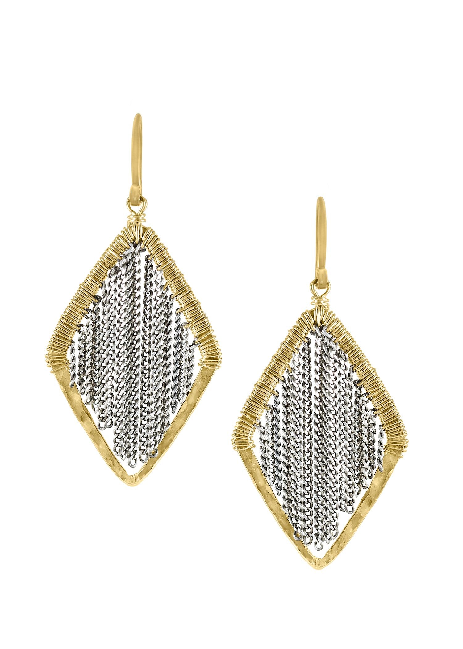 Flutter earrings in 14k gold fill and sterling silver with hand wire-wrapped diamond-shaped frames and fringe chain detail.