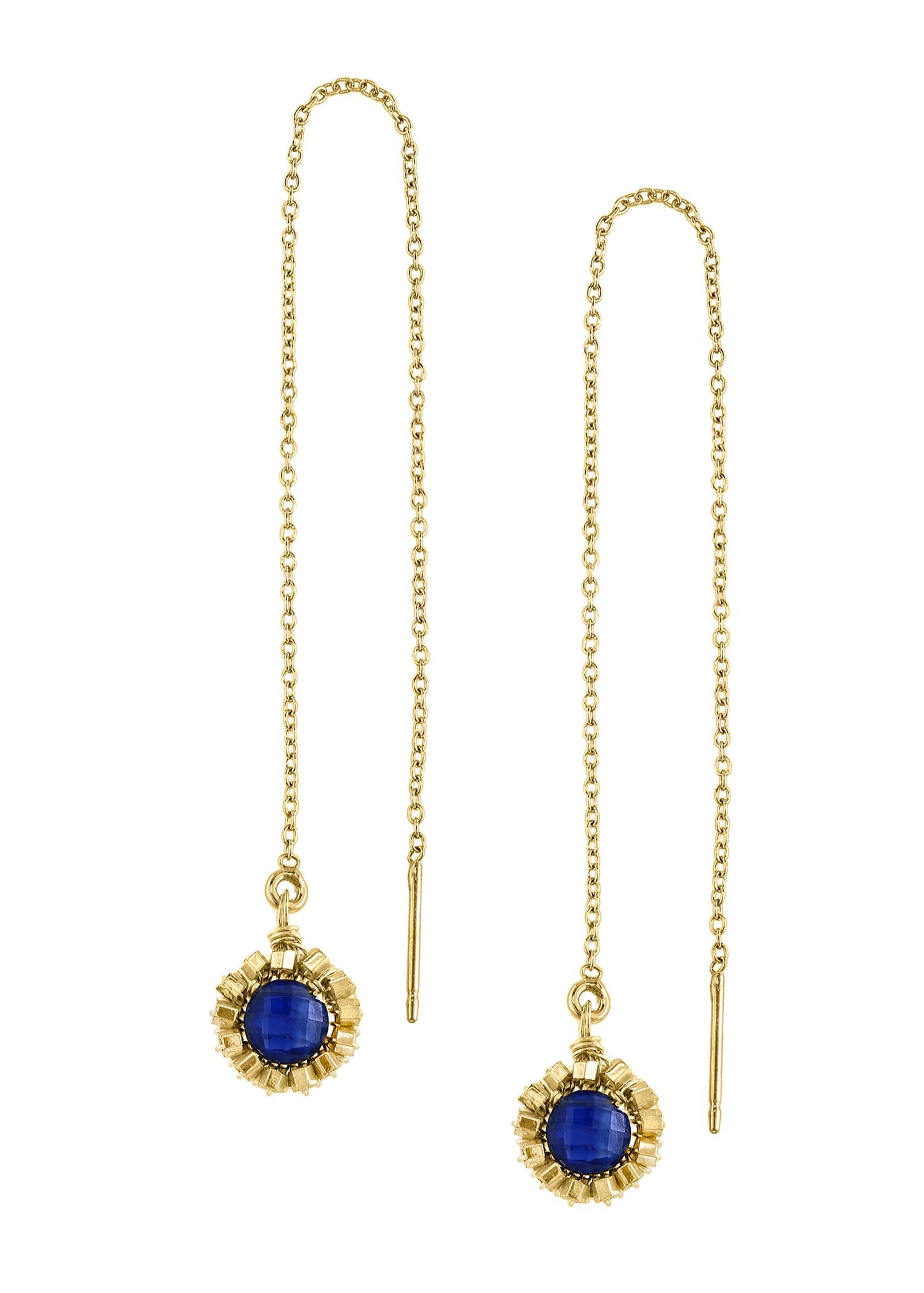 Kyanite coin threader earrings in 14k gold fill with blue stones and hand wire-wrapped settings.