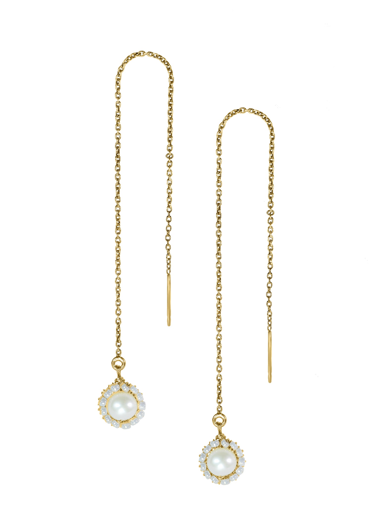 Freshwater pearl threader earrings in 14k gold fill with seed bead accents on a round drop.