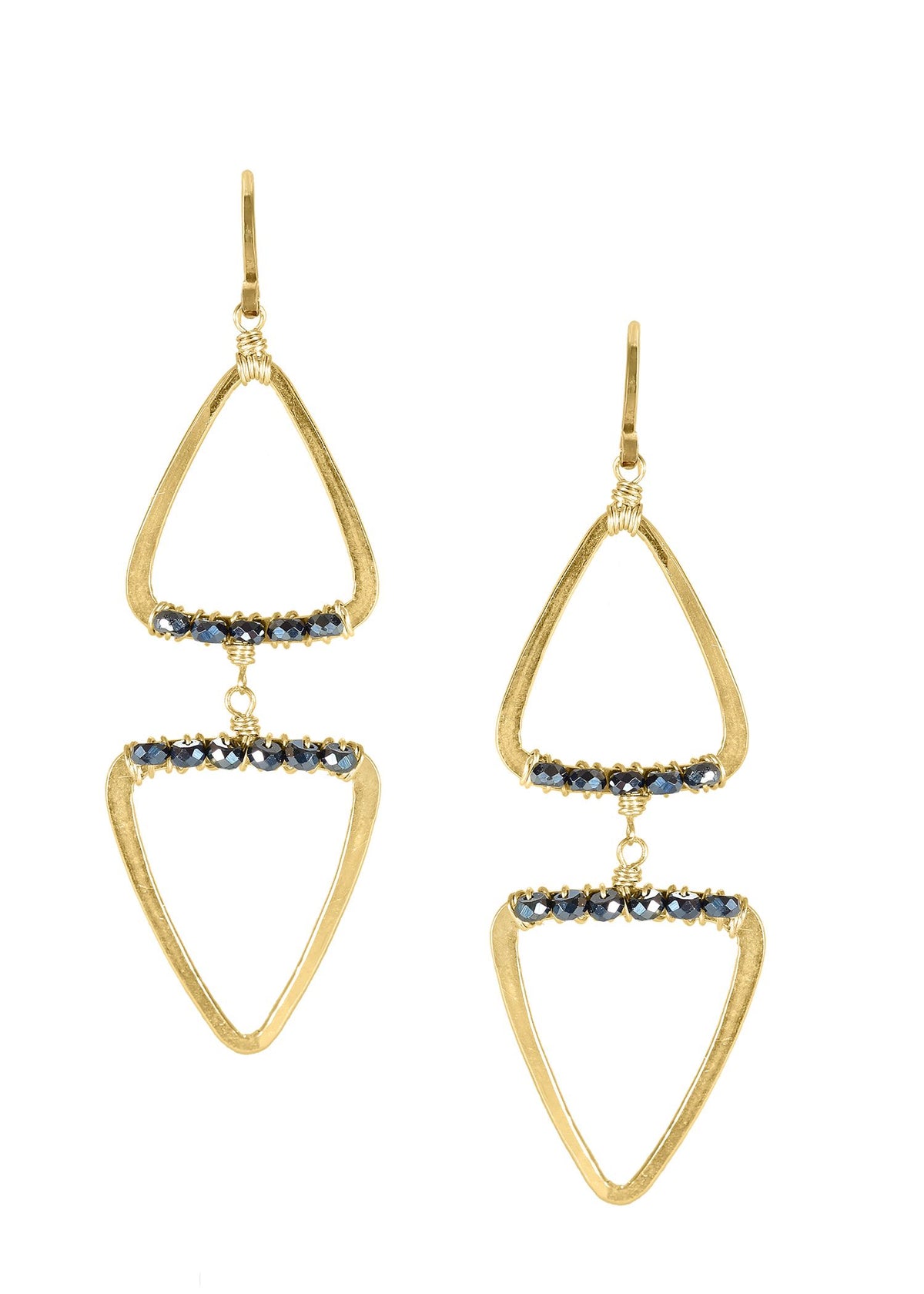 Black spinel double drop earrings in 14k gold fill with hand wire-wrapped faceted rondelles on triangular frames.