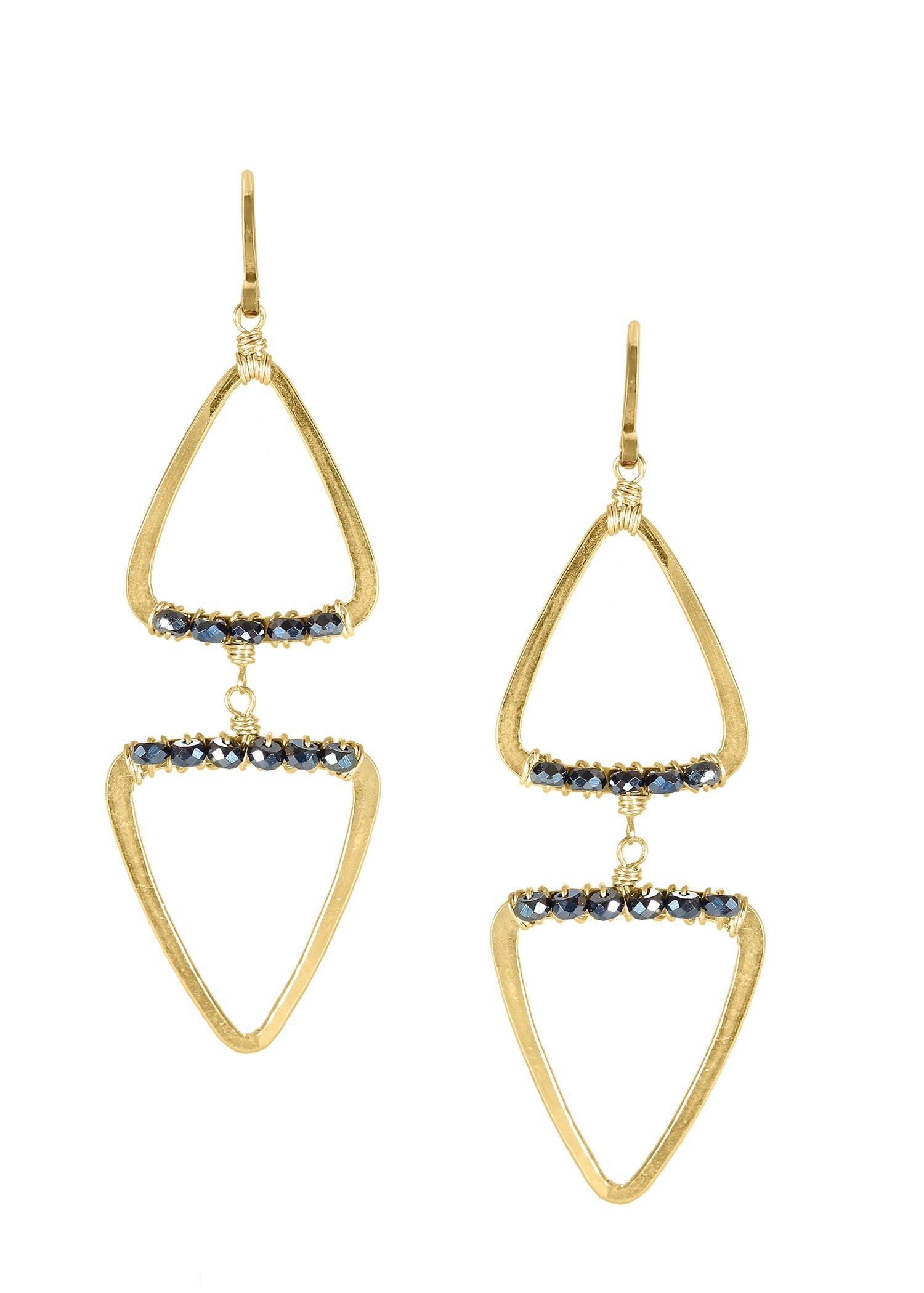 Black spinel double drop earrings in 14k gold fill with hand wire-wrapped faceted rondelles on triangular frames.