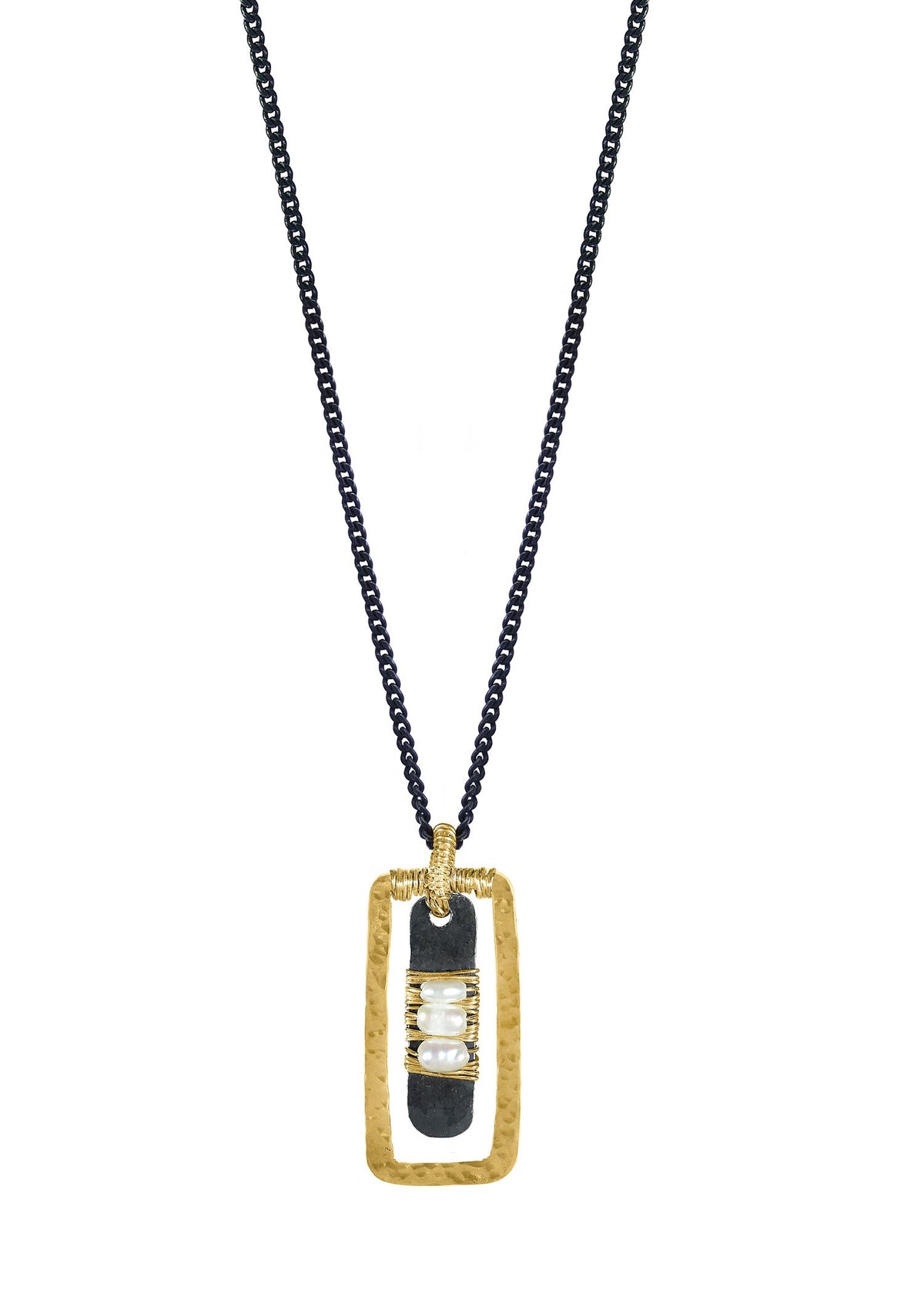 Freshwater pearl necklace with hand wire-wrapped 14k gold fill and blackened sterling silver on a black chain.