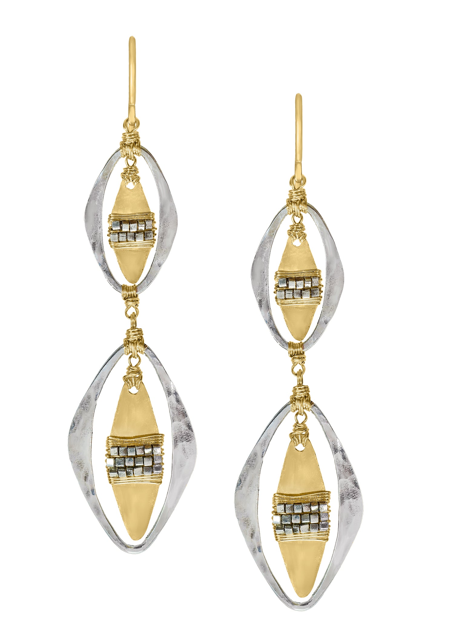 Double earrings in 14k gold fill and sterling silver with hand wire-wrapped silver beads in a mixed metal oval design.