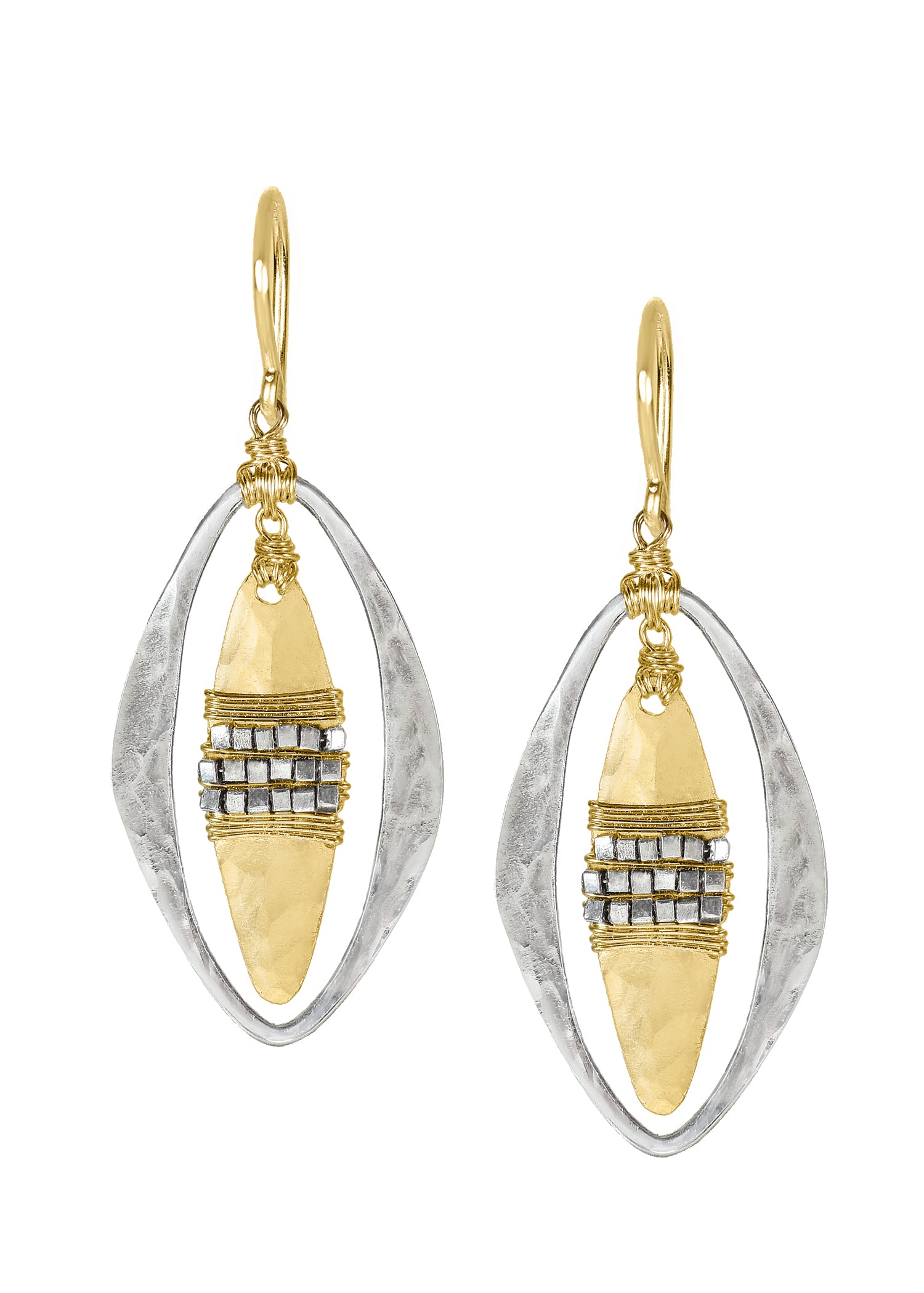 Front Row earrings in 14k gold fill and sterling silver with hand wire-wrapped rows of tiny silver beads in oval frames.