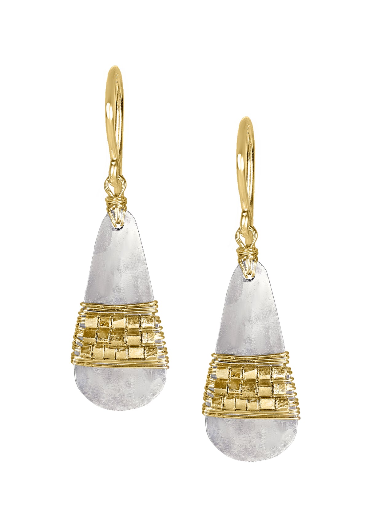 Drop earrings featuring hand wire-wrapped 14k gold fill beads on sterling silver teardrop shapes.