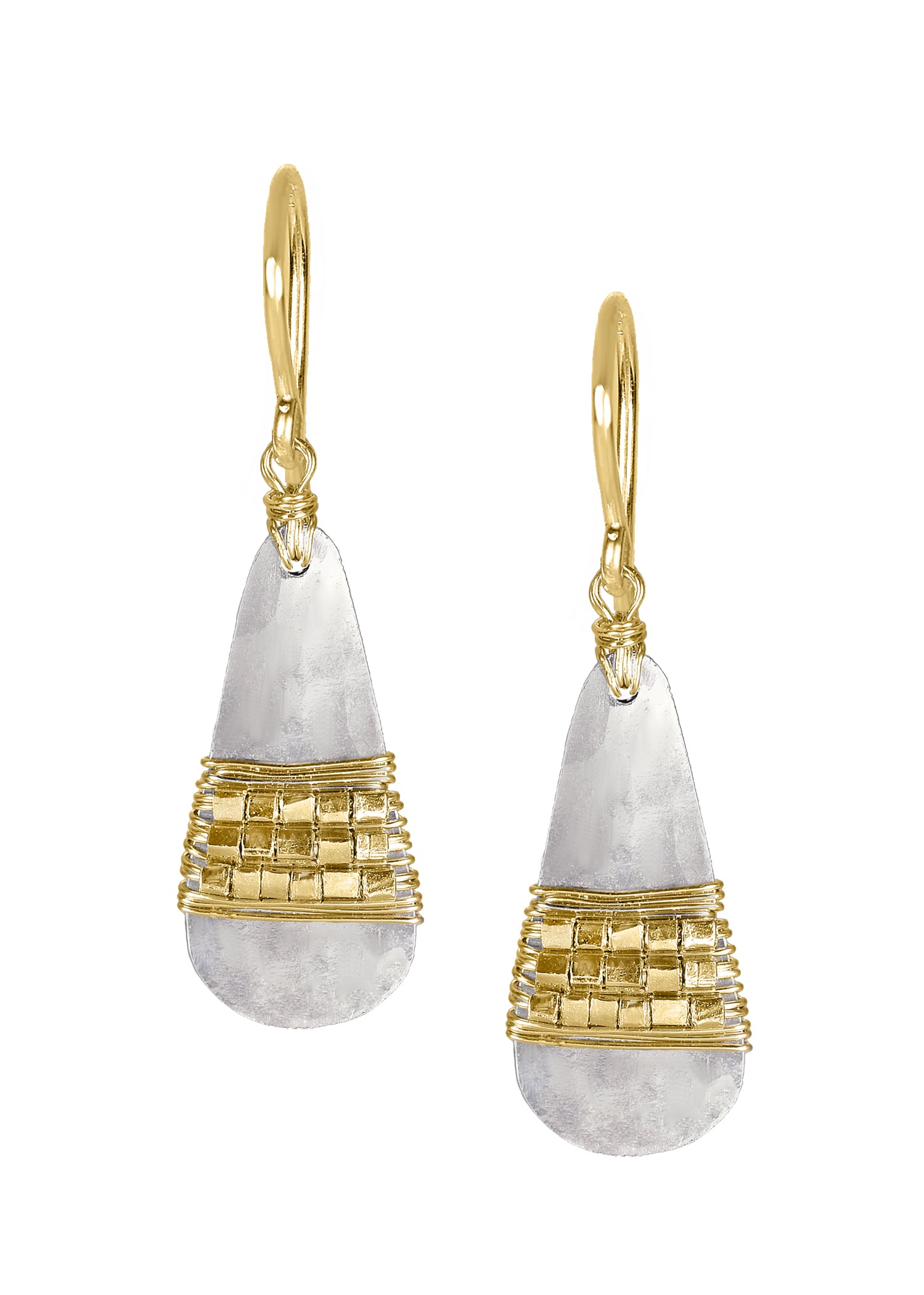 Drop earrings featuring hand wire-wrapped 14k gold fill beads on sterling silver teardrop shapes.