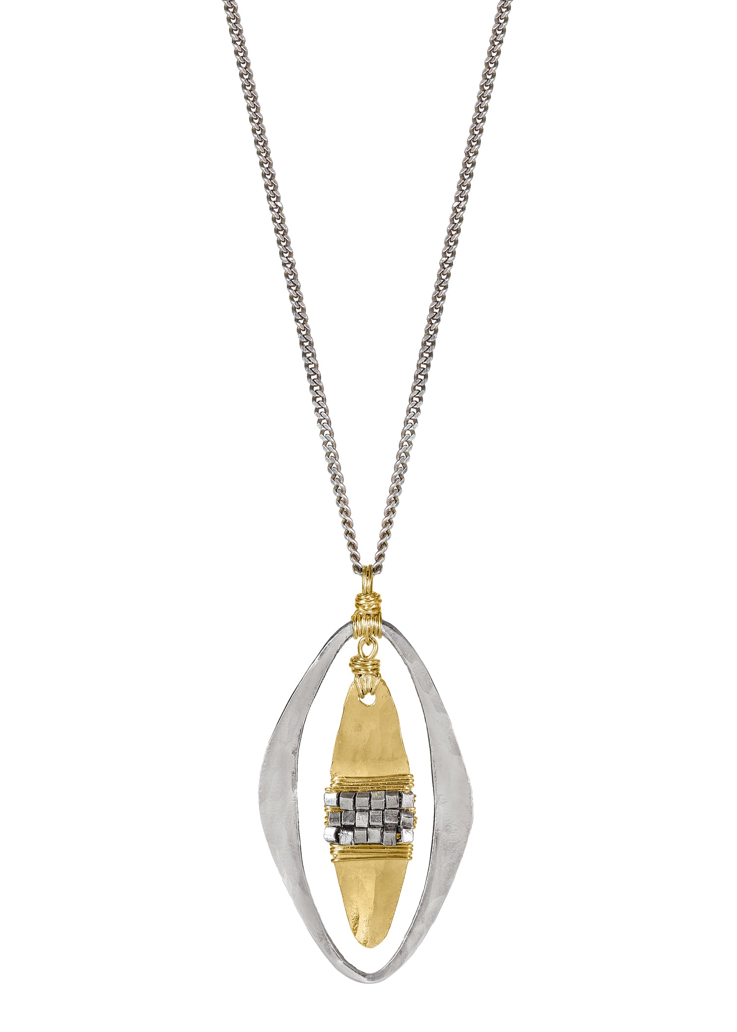 Necklace with 14k gold fill and sterling silver, featuring a hand wire-wrapped pendant with tiny silver beads.
