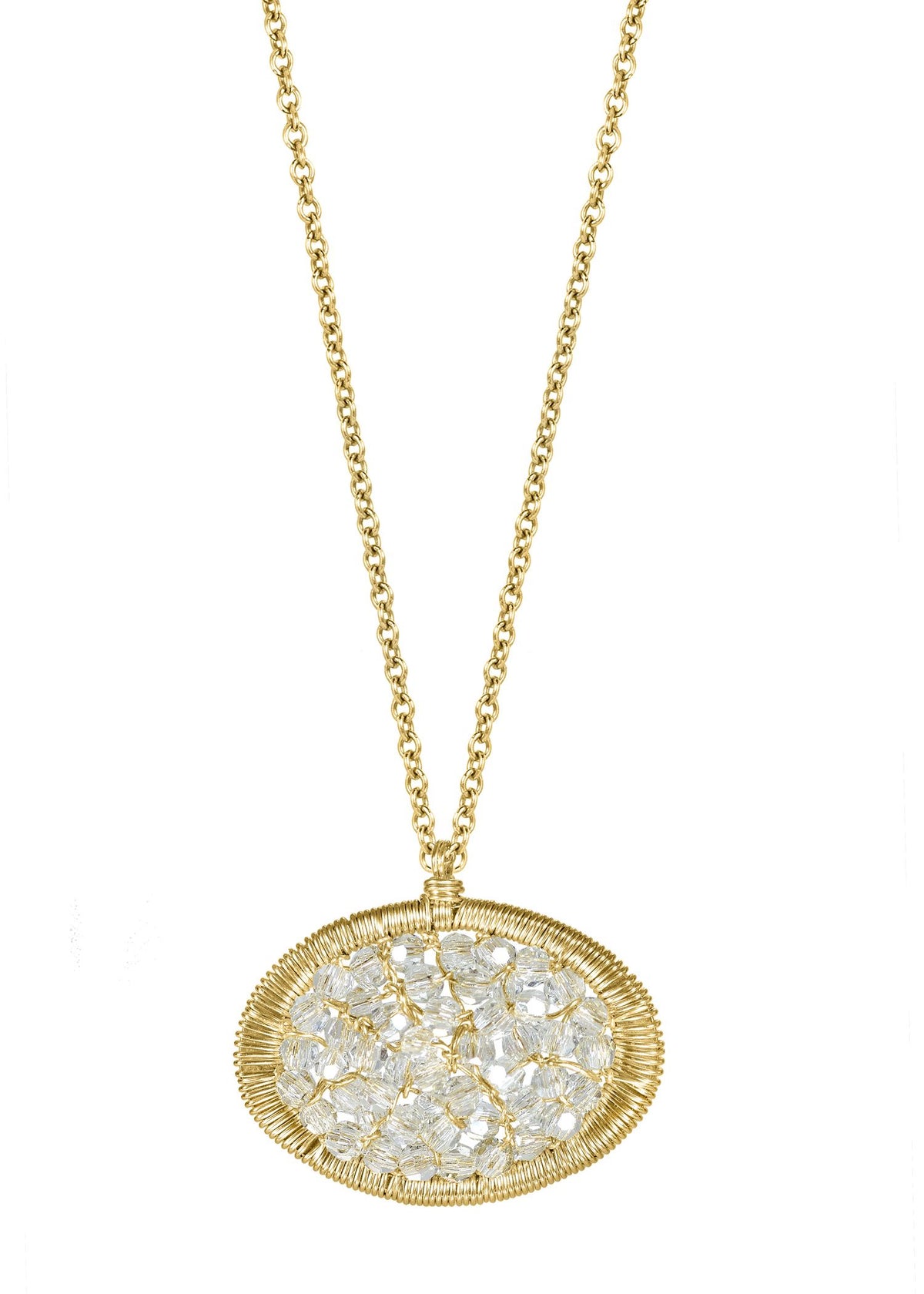 Crystal necklace in 14k gold fill featuring a hand wire-wrapped oval pendant with a shimmering cluster of crystals.