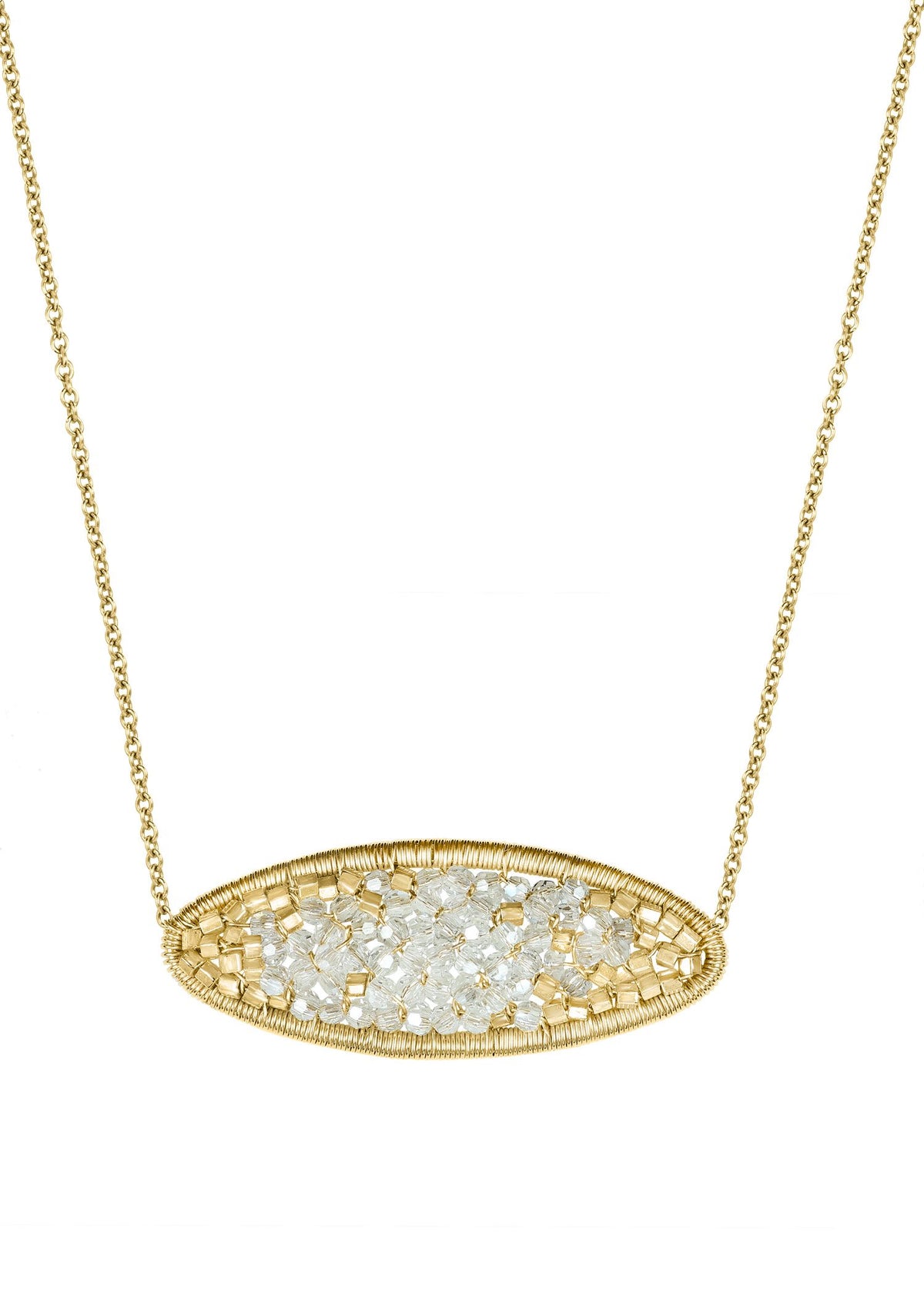Geode necklace with crystal and 14k gold fill seed beads in an oval mosaic shape on a 16-inch chain.