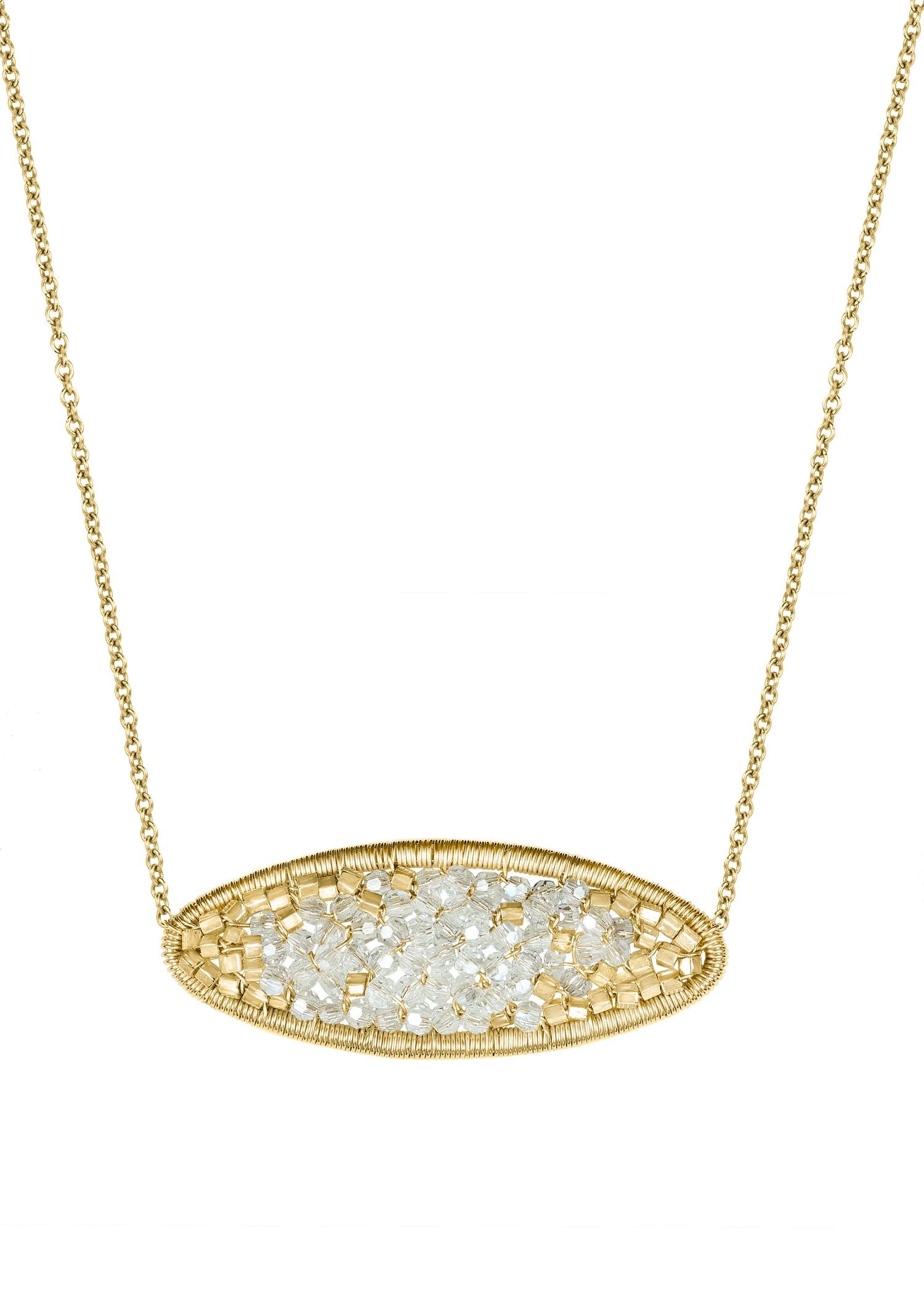 Geode necklace with crystal and 14k gold fill seed beads in an oval mosaic shape on a 16-inch chain.