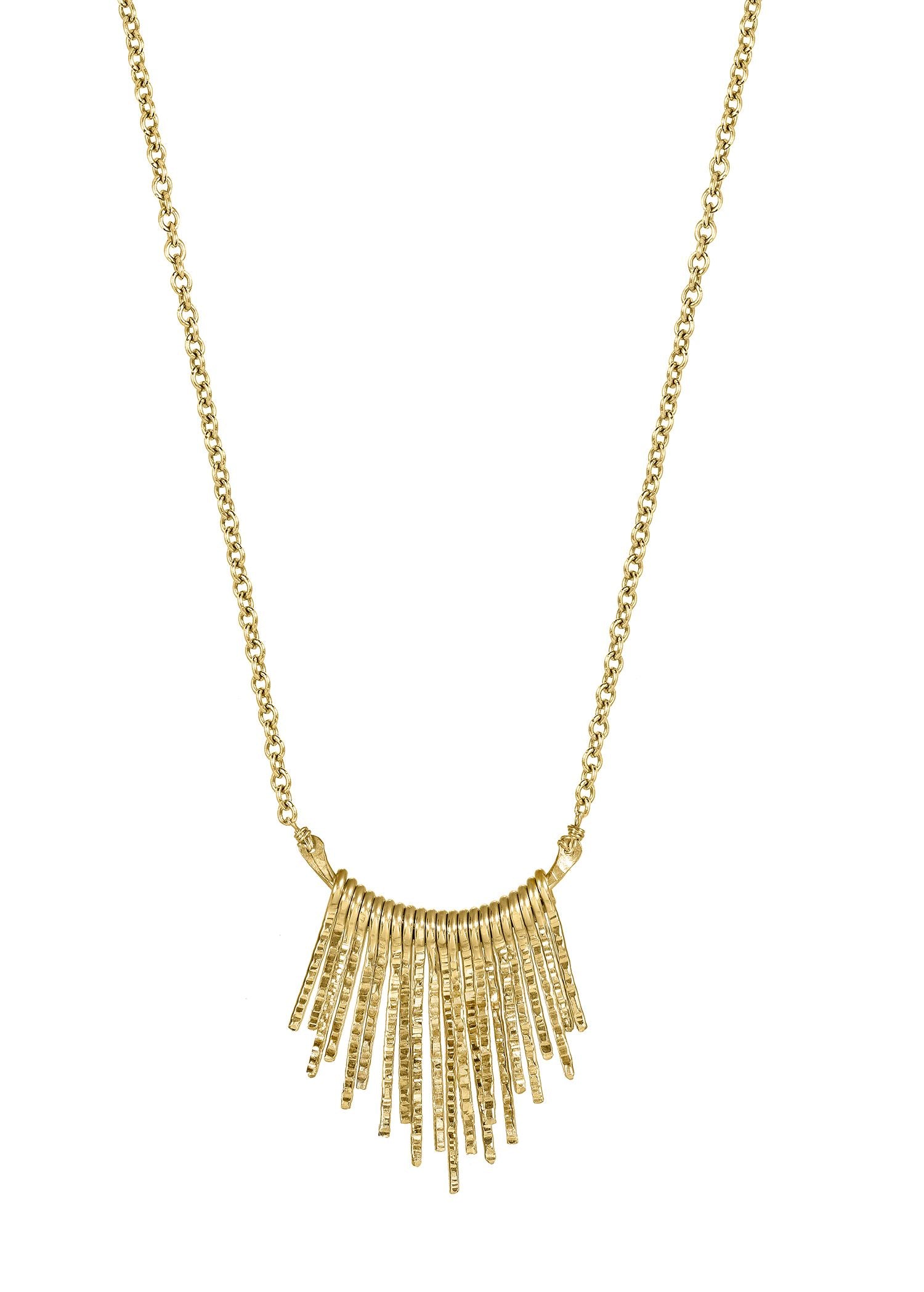 Necklace in 14k gold fill featuring a textured, fan-shaped pendant on a 16-1/2 inch chain.