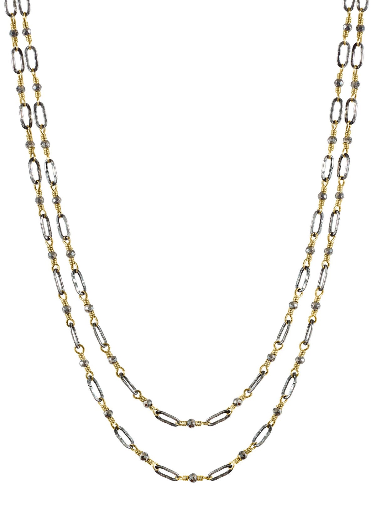 Double rosary necklace with silver pyrite, 14k gold fill, and sterling silver hand wire-wrapped mixed metal chain.