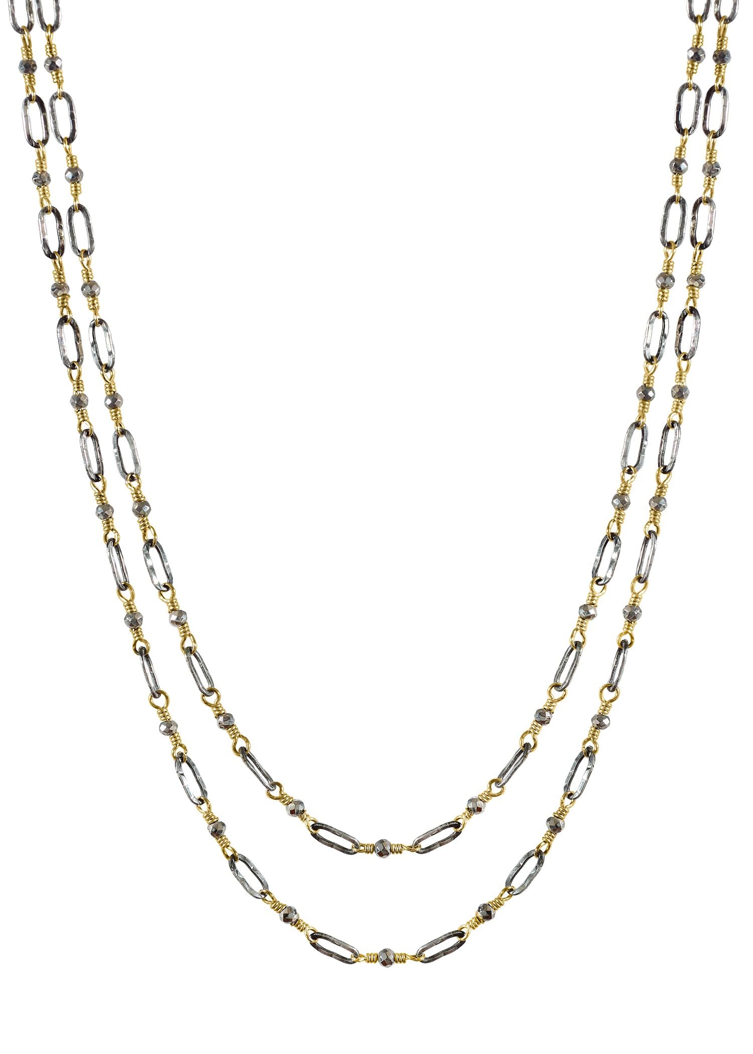 Double rosary necklace with silver pyrite, 14k gold fill, and sterling silver hand wire-wrapped mixed metal chain.