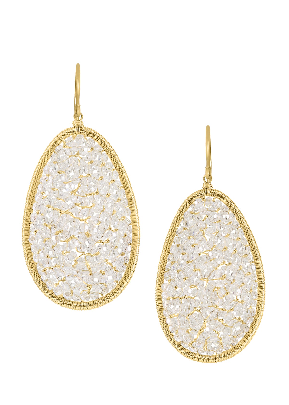 Crystal earrings in 14k gold fill, featuring hand wire-wrapped oval frames with shimmering clear crystal accents.