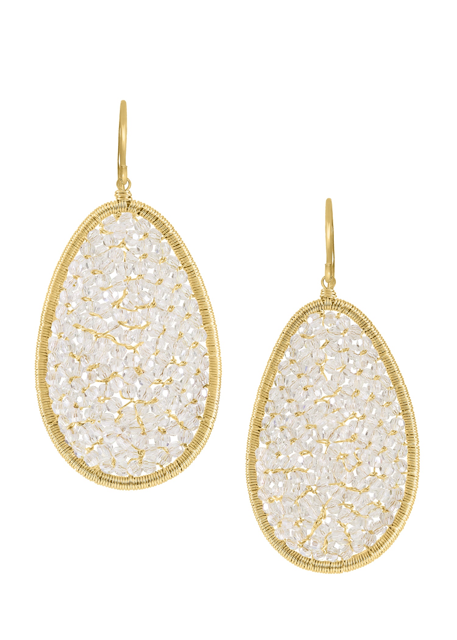 Crystal earrings in 14k gold fill, featuring hand wire-wrapped oval frames with shimmering clear crystal accents.