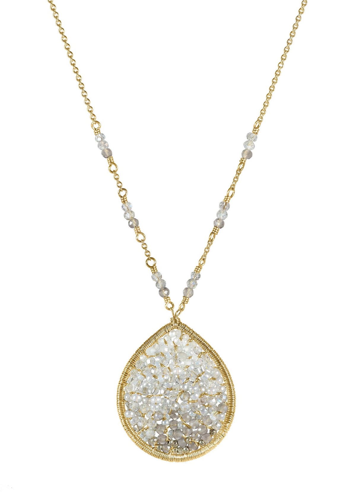 Gradient necklace with moonstone and labradorite, hand wire-wrapped in 14k gold fill with gray ombré seed beads.