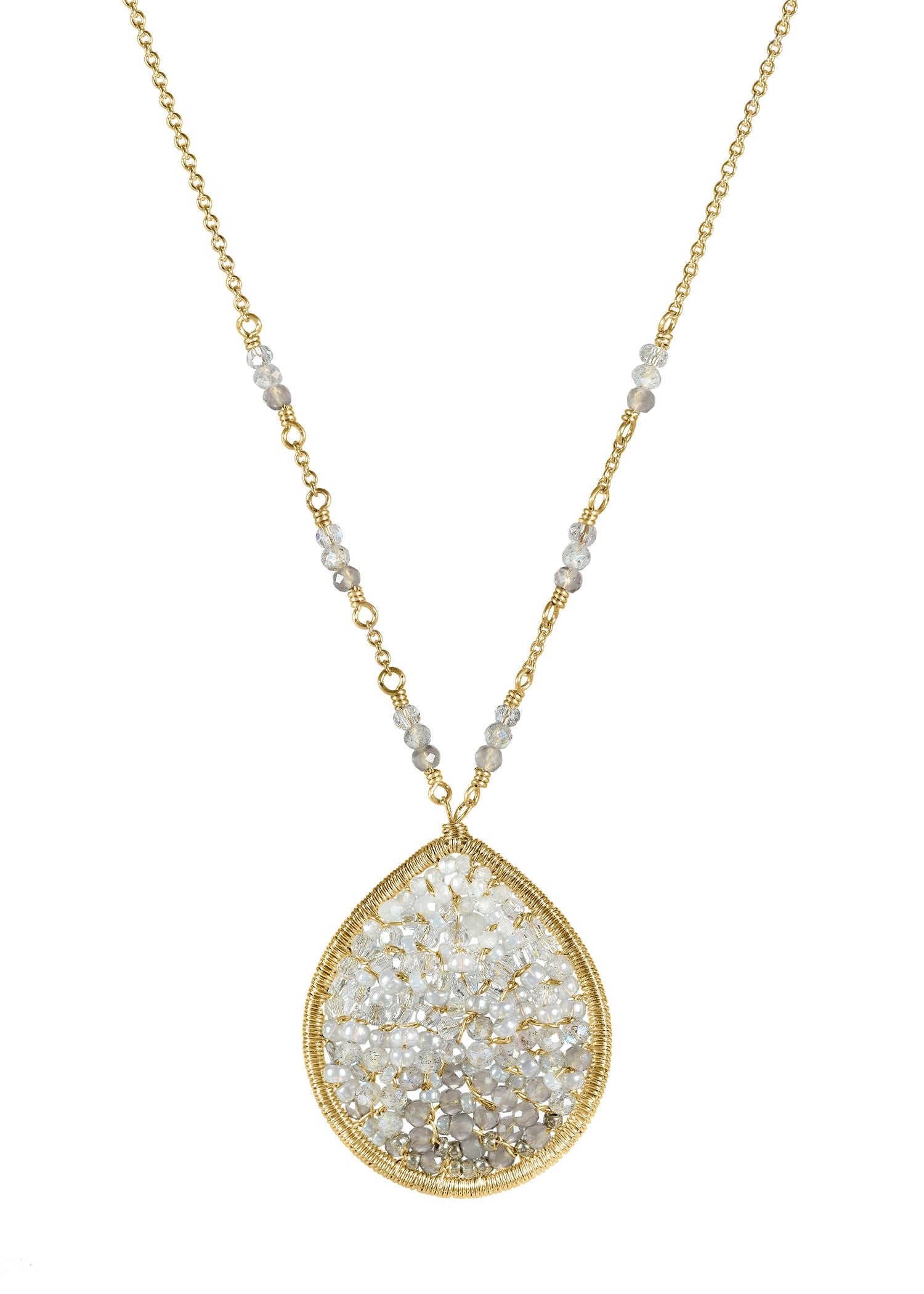 Gradient necklace with moonstone and labradorite, hand wire-wrapped in 14k gold fill with gray ombré seed beads.