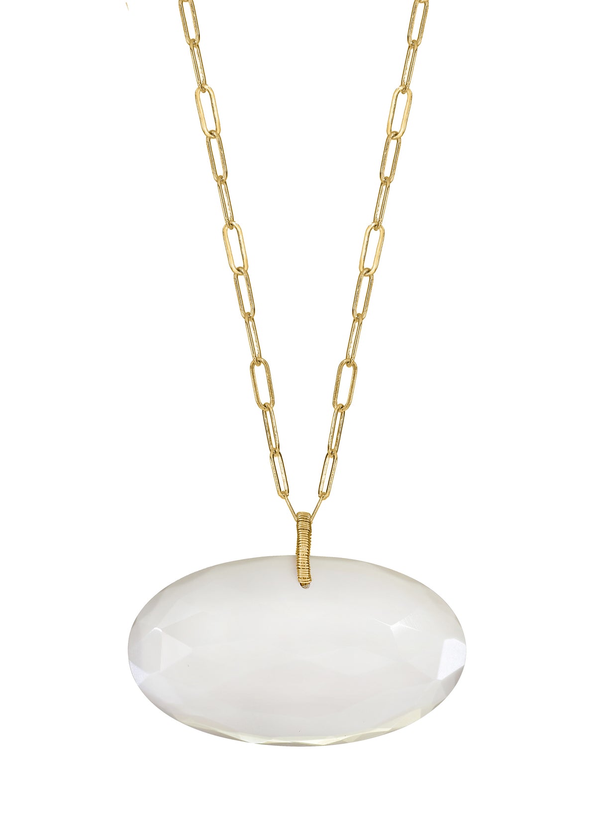 Gray moonstone egg necklace on a 14k gold chain with hand wire-wrapped detail, measuring 17 inches in length.