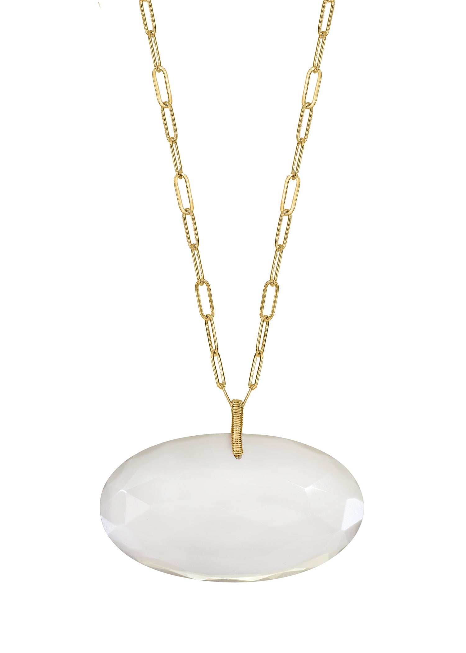 Gray moonstone egg necklace on a 14k gold chain with hand wire-wrapped detail, measuring 17 inches in length.