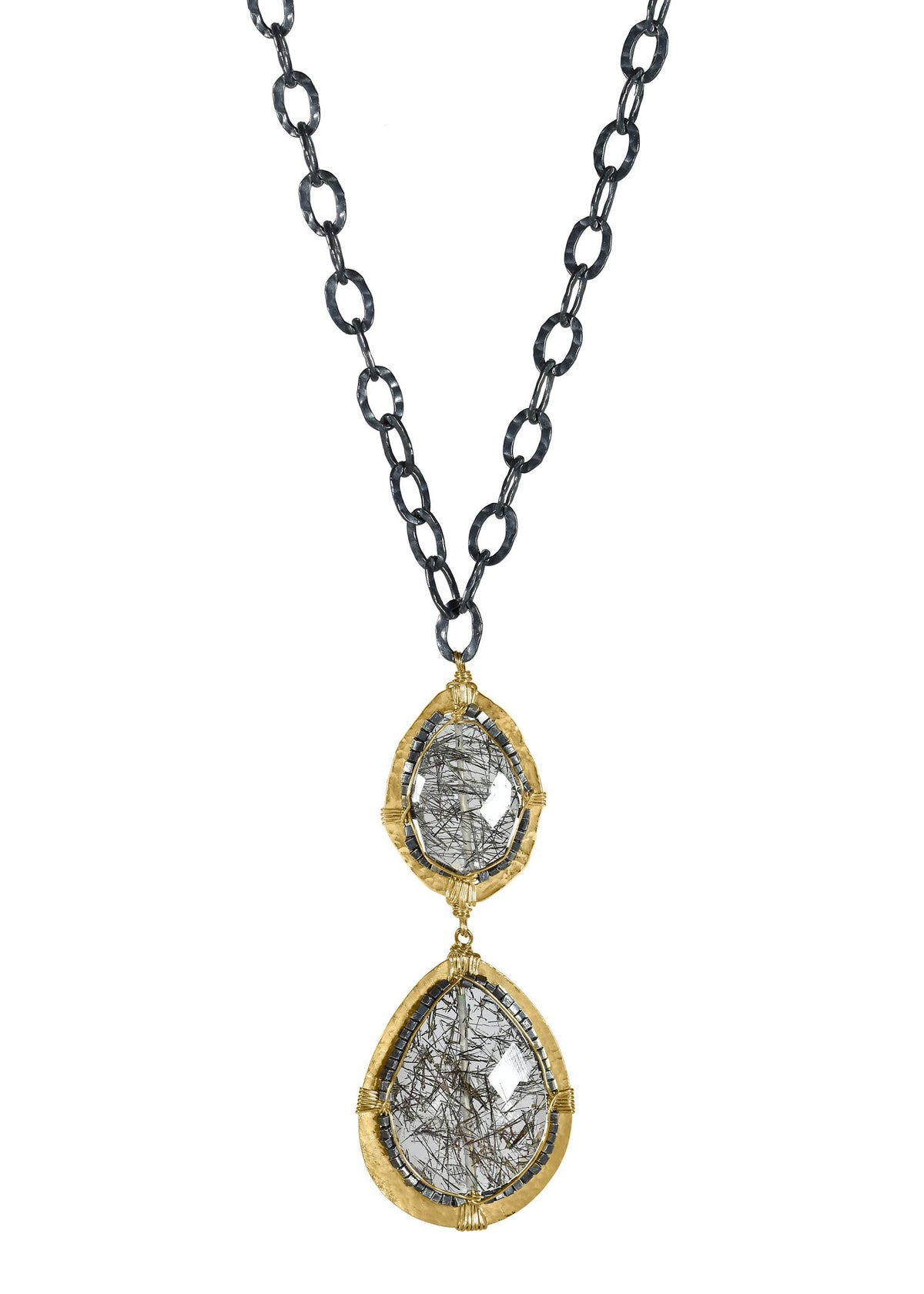 Black tourmalated quartz 14k gold fill Blackened sterling silver Mixed metal Necklace measures 17” in length Pendant measures 2-1/8” in length and 3/4” in width Handmade in our Los Angeles studio