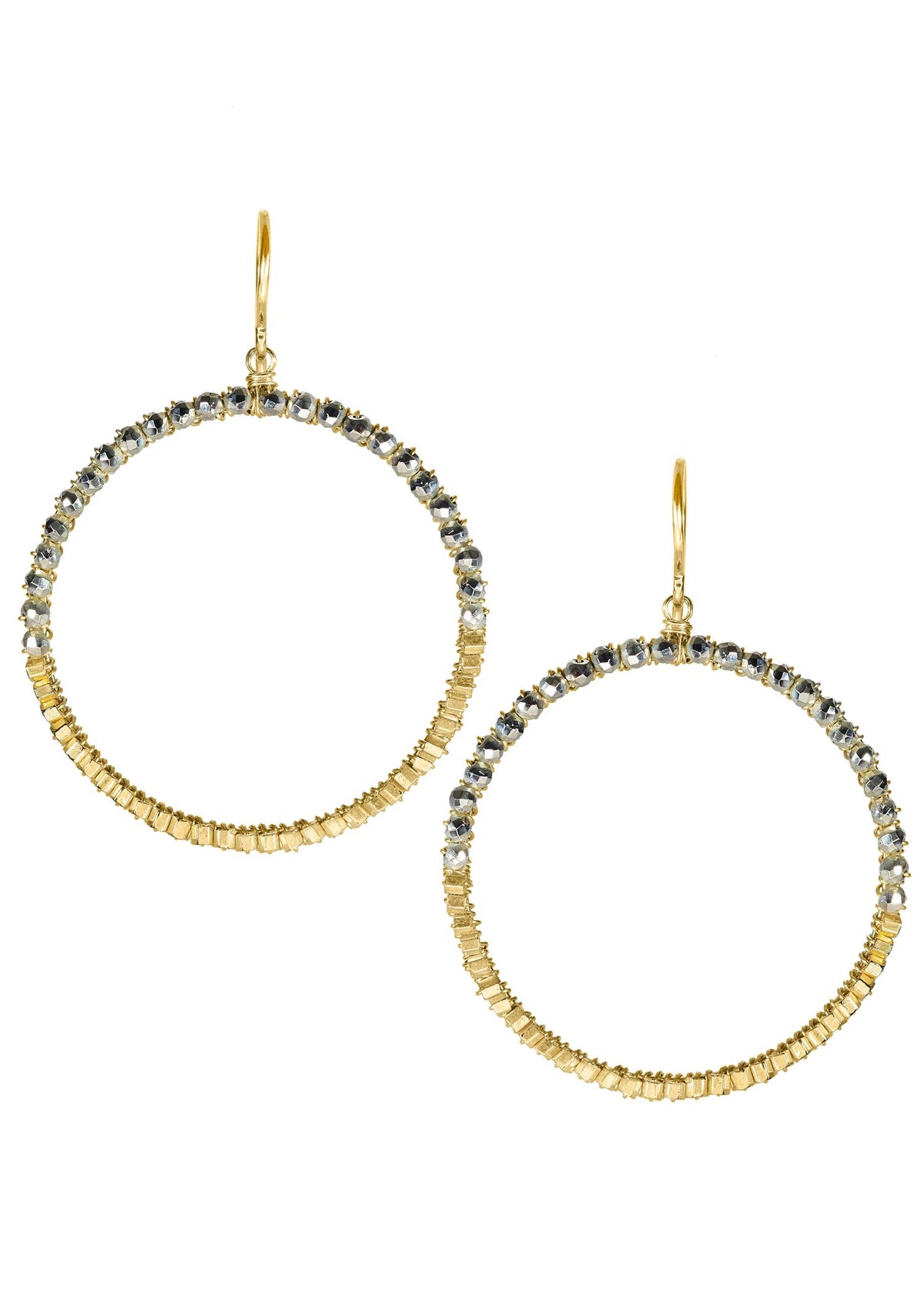 Hoop earrings with silver pyrite and 14k gold fill, hand wire-wrapped in a two-tone circular design.