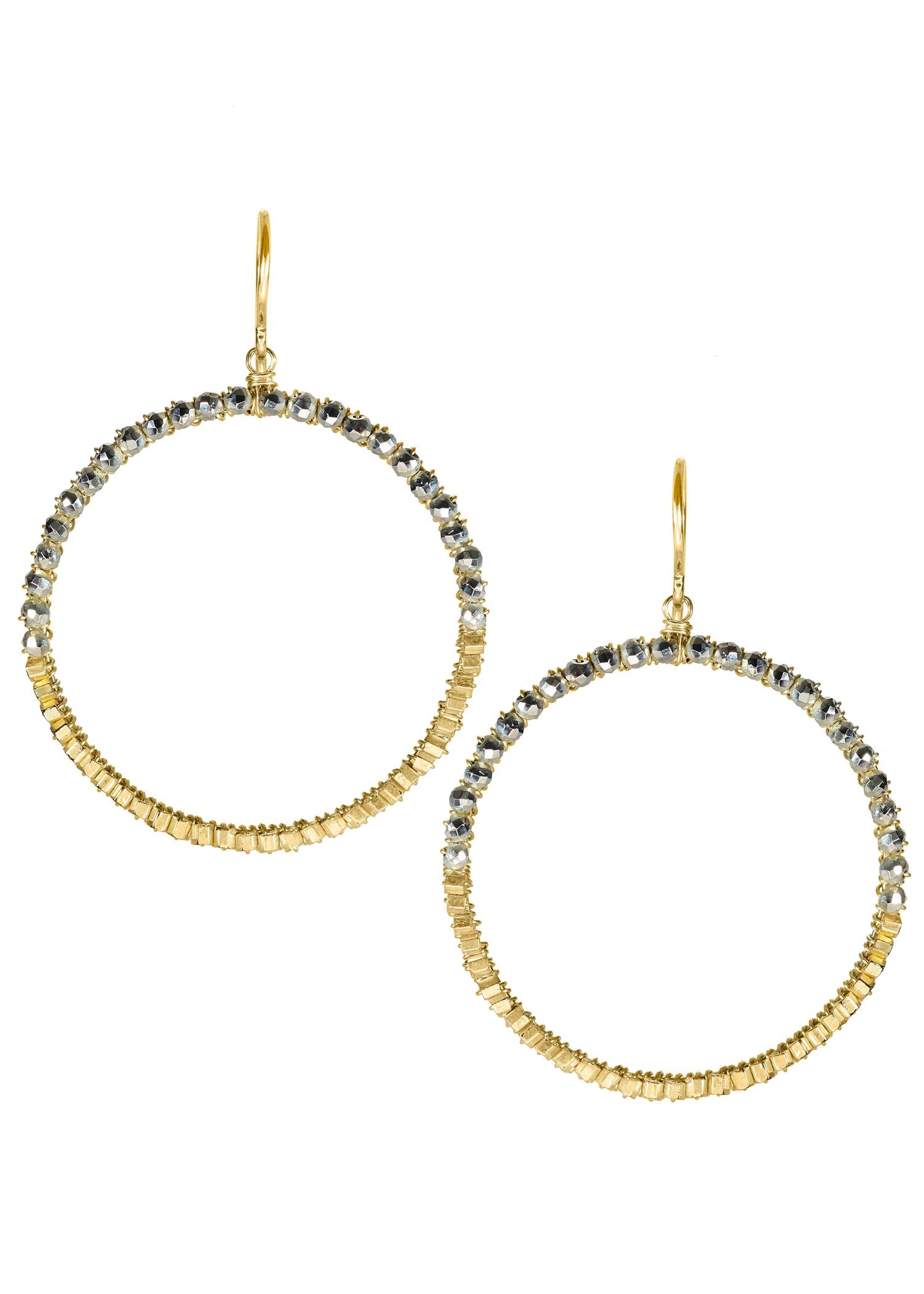 Hoop earrings with silver pyrite and 14k gold fill, hand wire-wrapped in a two-tone circular design.