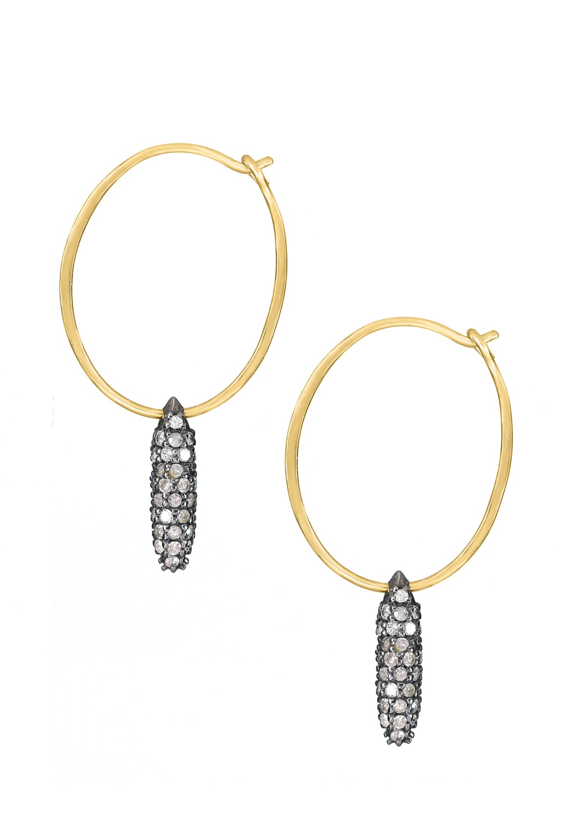 Diamond hoop earrings in 14k gold and sterling silver with a dangling, pavé-set diamond charm on a thin circular hoop.