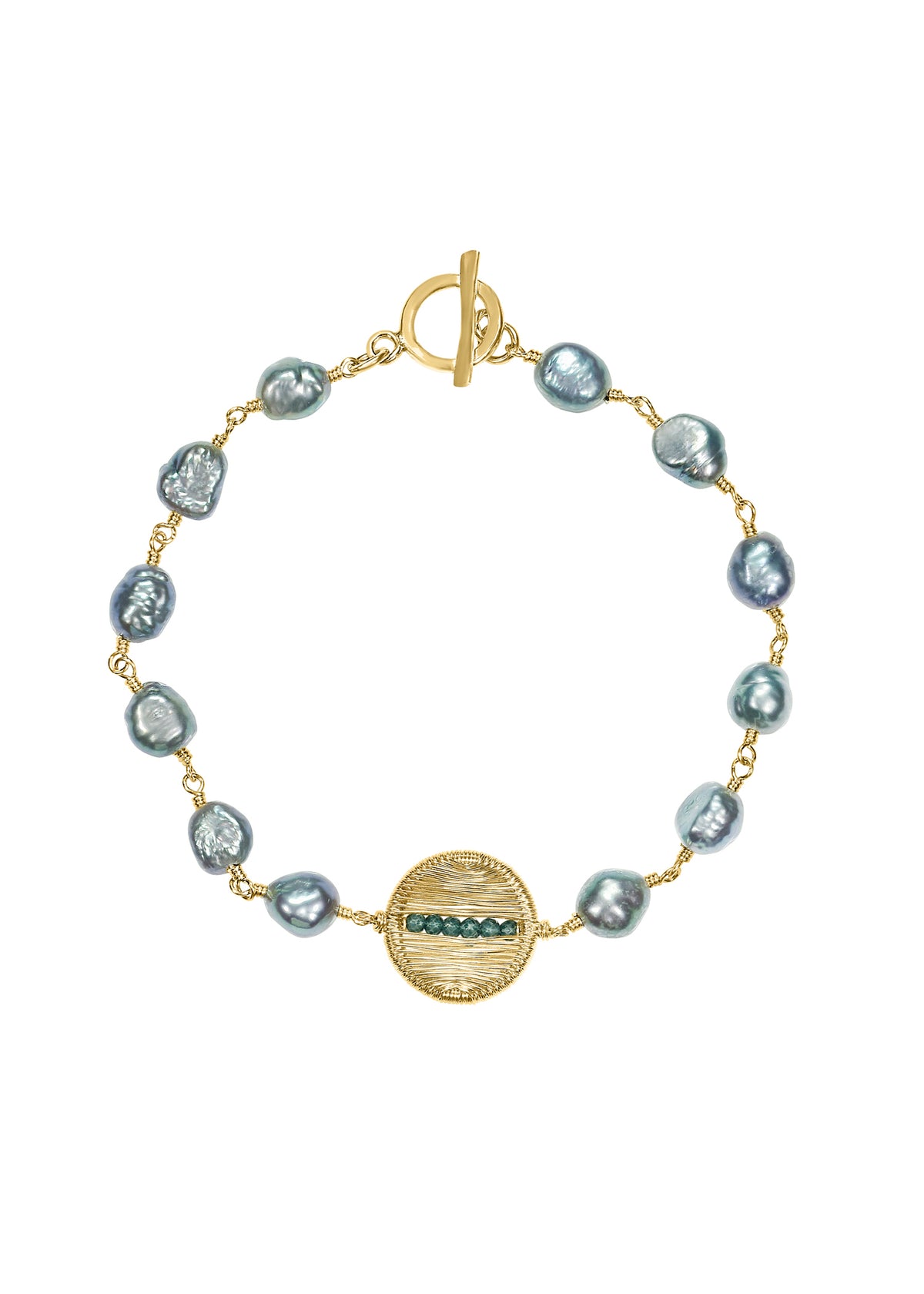 Horizon bracelet with freshwater pearls and teal quartz in 14k gold fill with a hand wire-wrapped circular pendant.