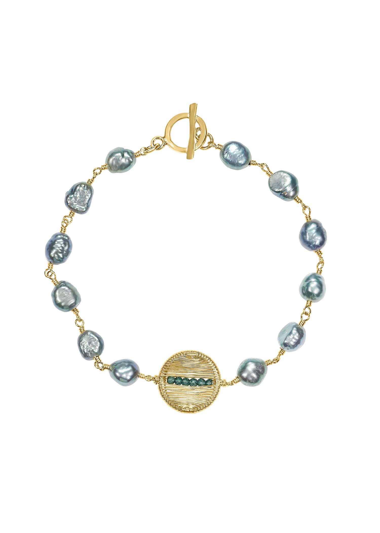 Horizon bracelet with freshwater pearls and teal quartz in 14k gold fill with a hand wire-wrapped circular pendant.