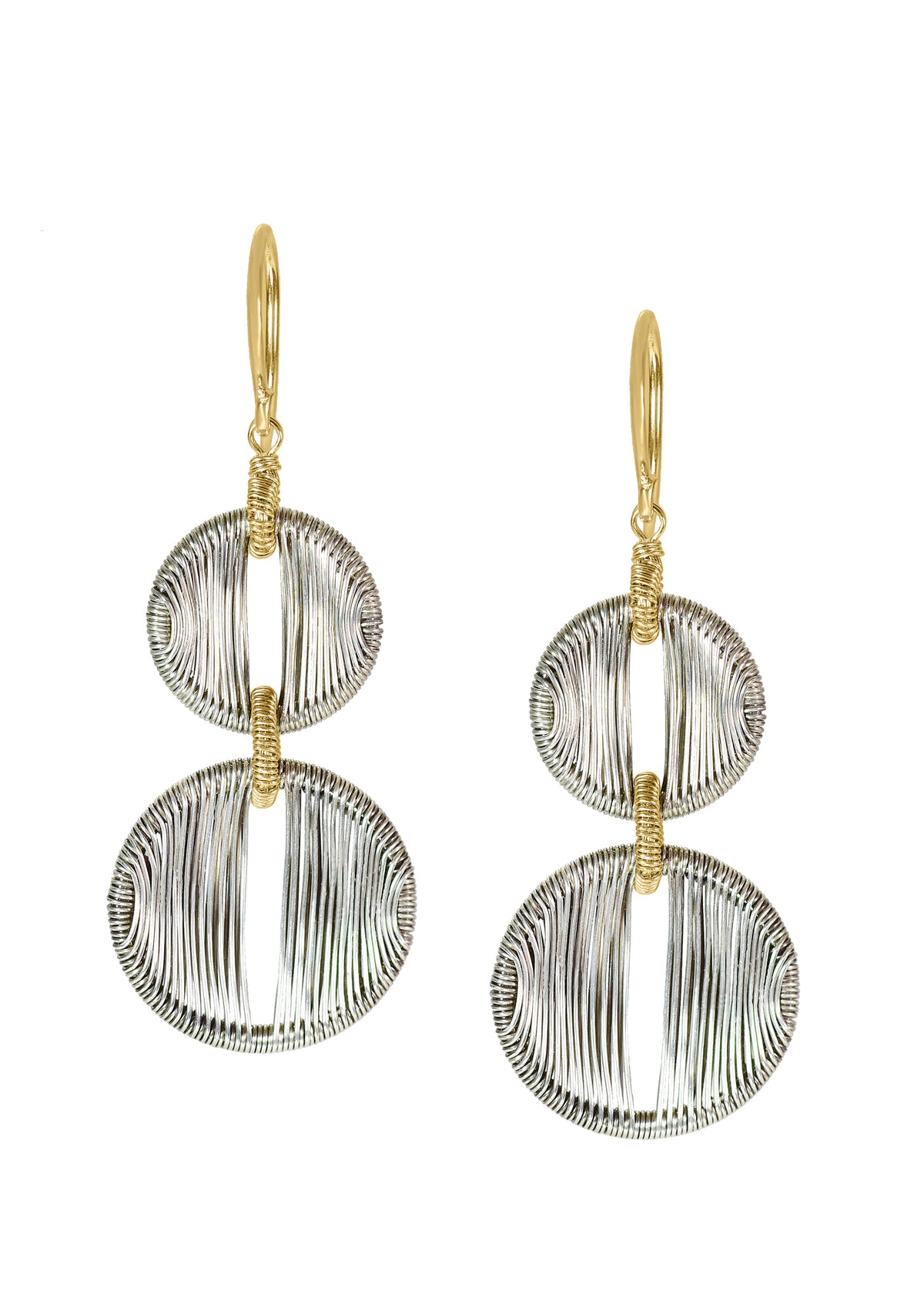 Linear earrings in 14k gold fill and sterling silver featuring hand wire-wrapped circular drops in a mixed metal design.